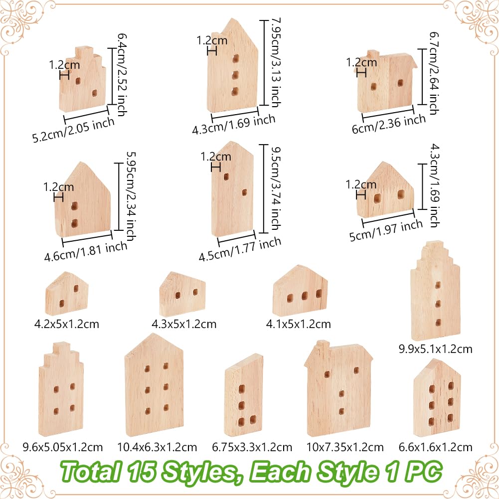 OLYCRAFT 15 Pcs Unfinished Wooden House Shaped Blocks - 15 Styles for Home Decor, House With Hole - Image 2