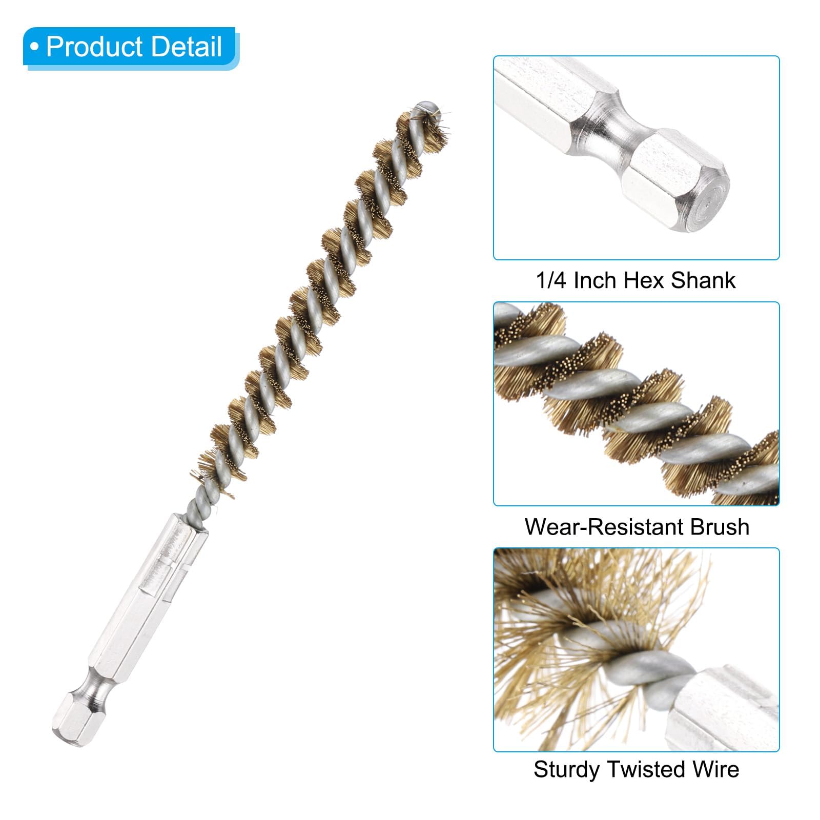 PATIKIL 8mm Dia Bore Brush, 6Pcs Brass Twisted Wire Cleaning Brush Pipe Cleaner with 1/4 Inch Hex Shank for Tubes, Ports, Bearings, Drill Driver, Brass Tone - Image 3