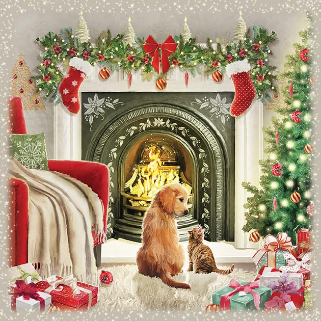Noel Tatt Charity Christmas Cards Pack of 10 Dog & Cat Cosy Fireplace Scene