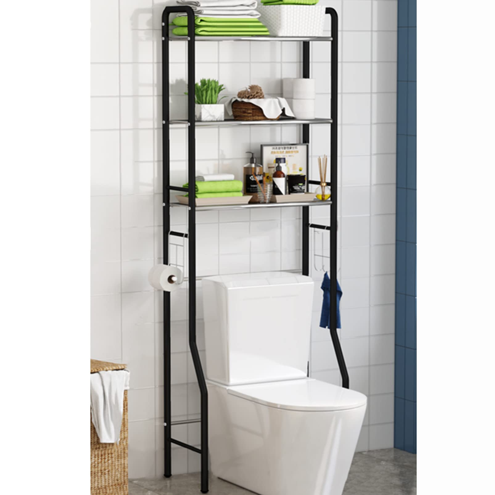 Estante sobre el inodoro, estantes de acero inoxidable antivuelco de 3 niveles con ganchos y soporte para papel higiénico, estante de almacenamiento para toallas que ahorra espacio en el baño