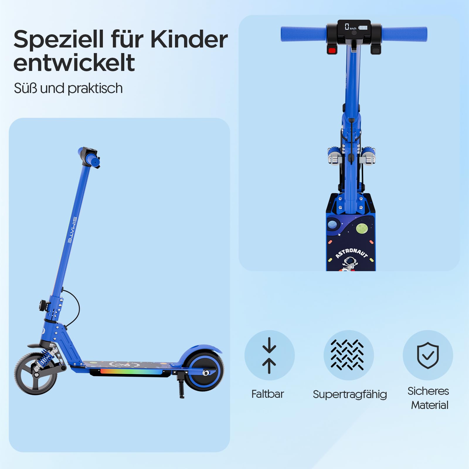 S5 Patín Eléctrico para Niños, Scooter Eléctrico Plegable con Luz LED, Llantas Todo Terreno de 6,5", Velocidad Máx. 14 km/h, para 6-14 Años, Azul
