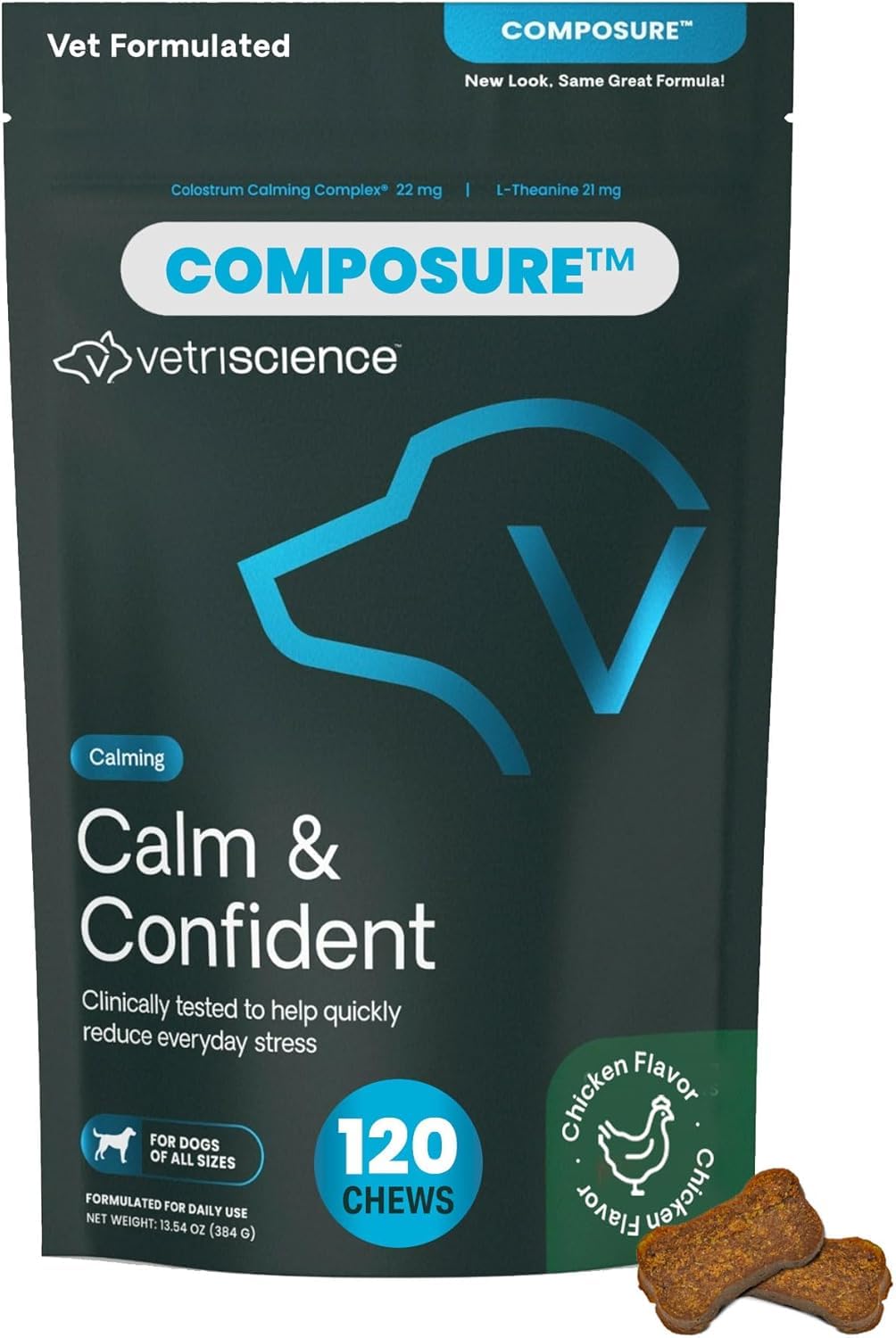 Calm & Confident Chews, Composure Clinically Tested Calming Supplement for Dogs, Reduce Stress & Fear, Ideal for Thunderstorms, Fireworks & Travel, Chicken, 120 Count - New Look