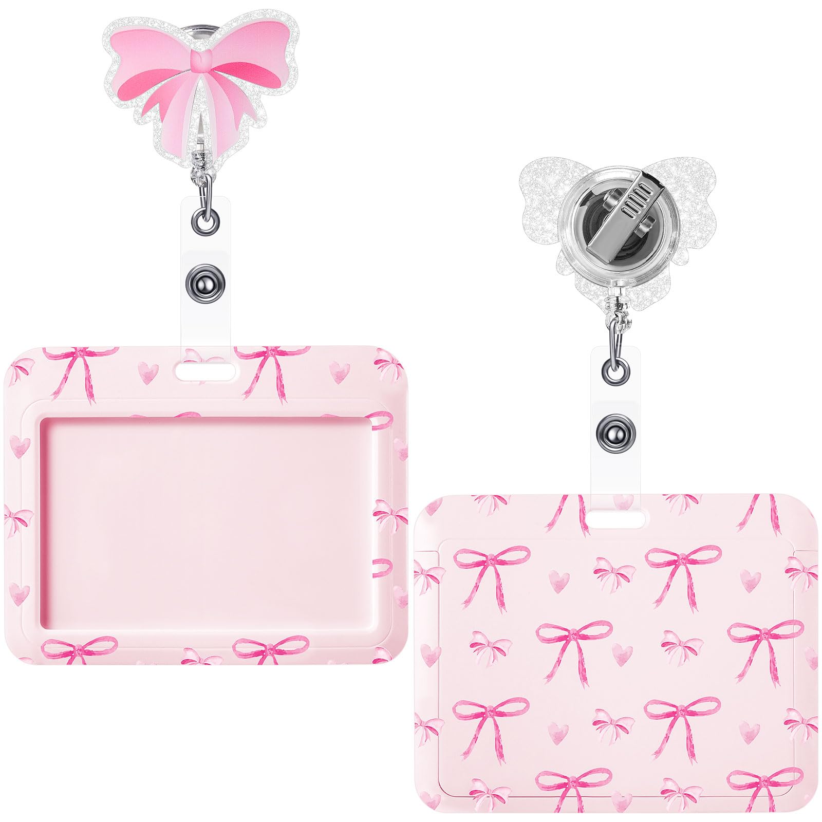 Geyoga Pink Bow Coquette Gifts Set Includes Horizontal ID Badge Holder and Retractable Badge Reel with Alligator Clip Funny Name Tag Card Holder for