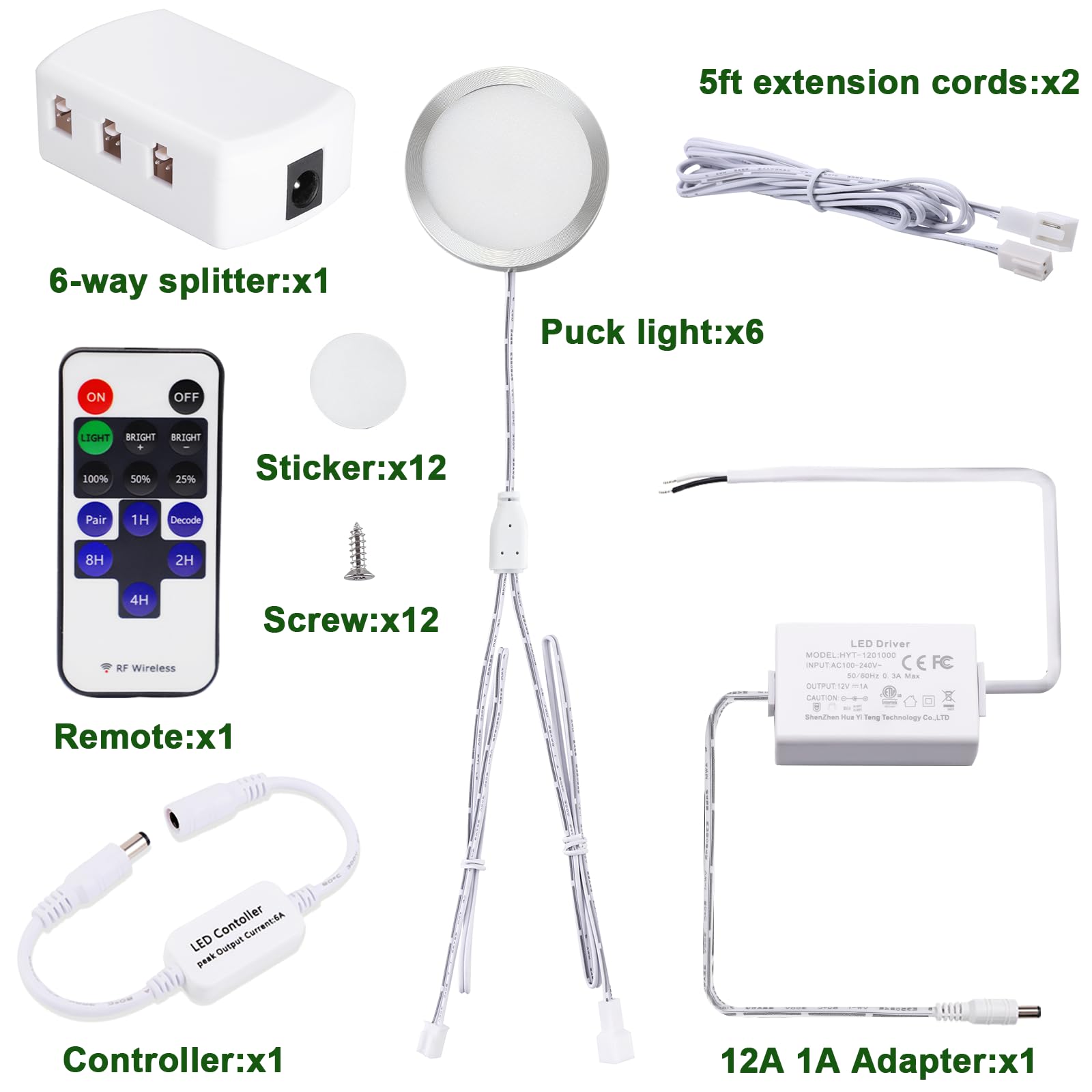 AIBOO Linkable Under Cabinet LED Lighting Direct Wired 12V Slim Aluminum Dimmable Puck Lights with RF Remote Control for Kitchen Cabinets Counter, Closet Lights(6 Kit, Warm White, NO Wall Plug)