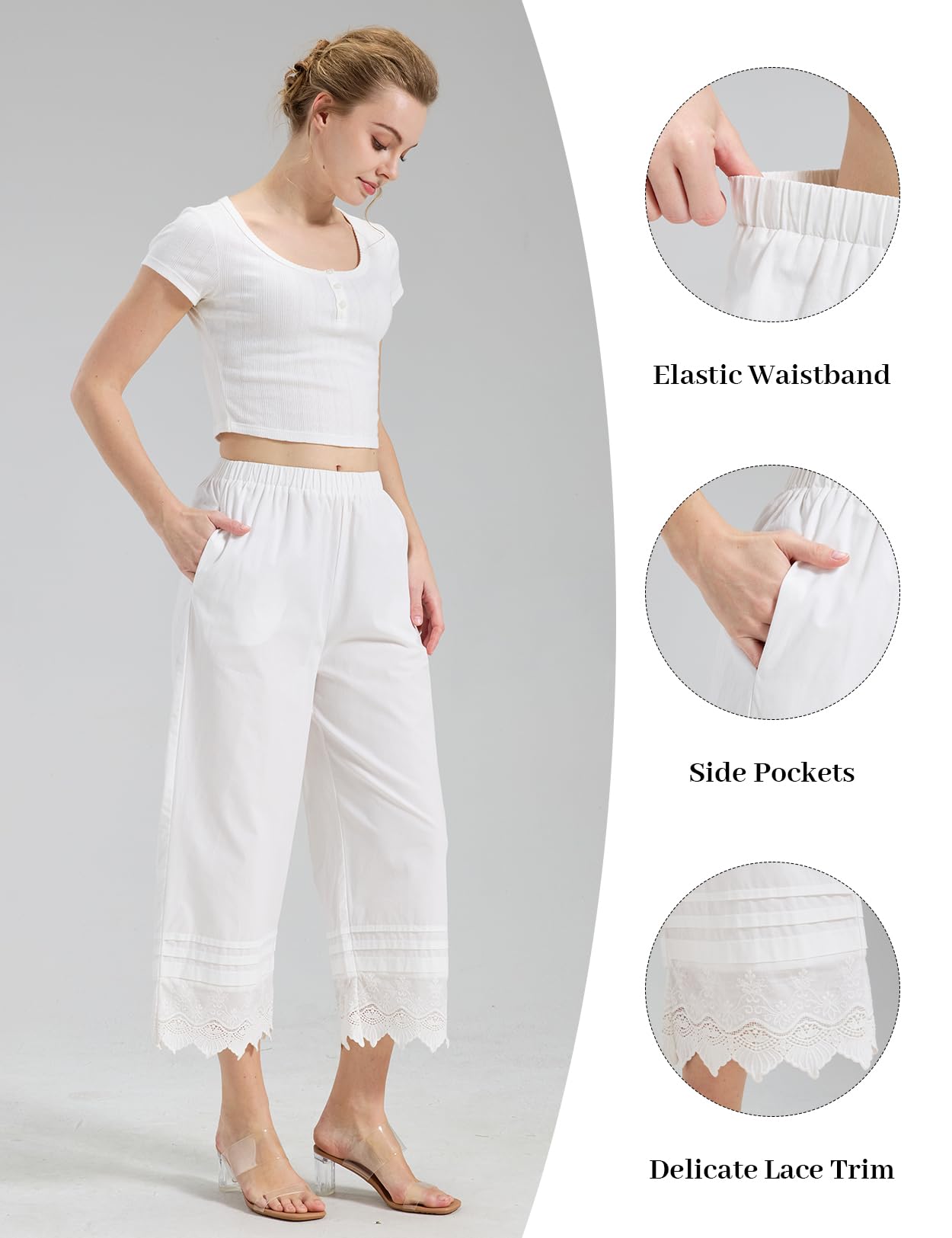 BEAUTELICATE Pantalon De Pyjama Victorien En 100% Coton Jupon Culotte Sous Robe Pantacourt Vintage À Jambe Larges Avec Poches Broderie Anglaise Pour Femme Été Automne Décontracté Blanc