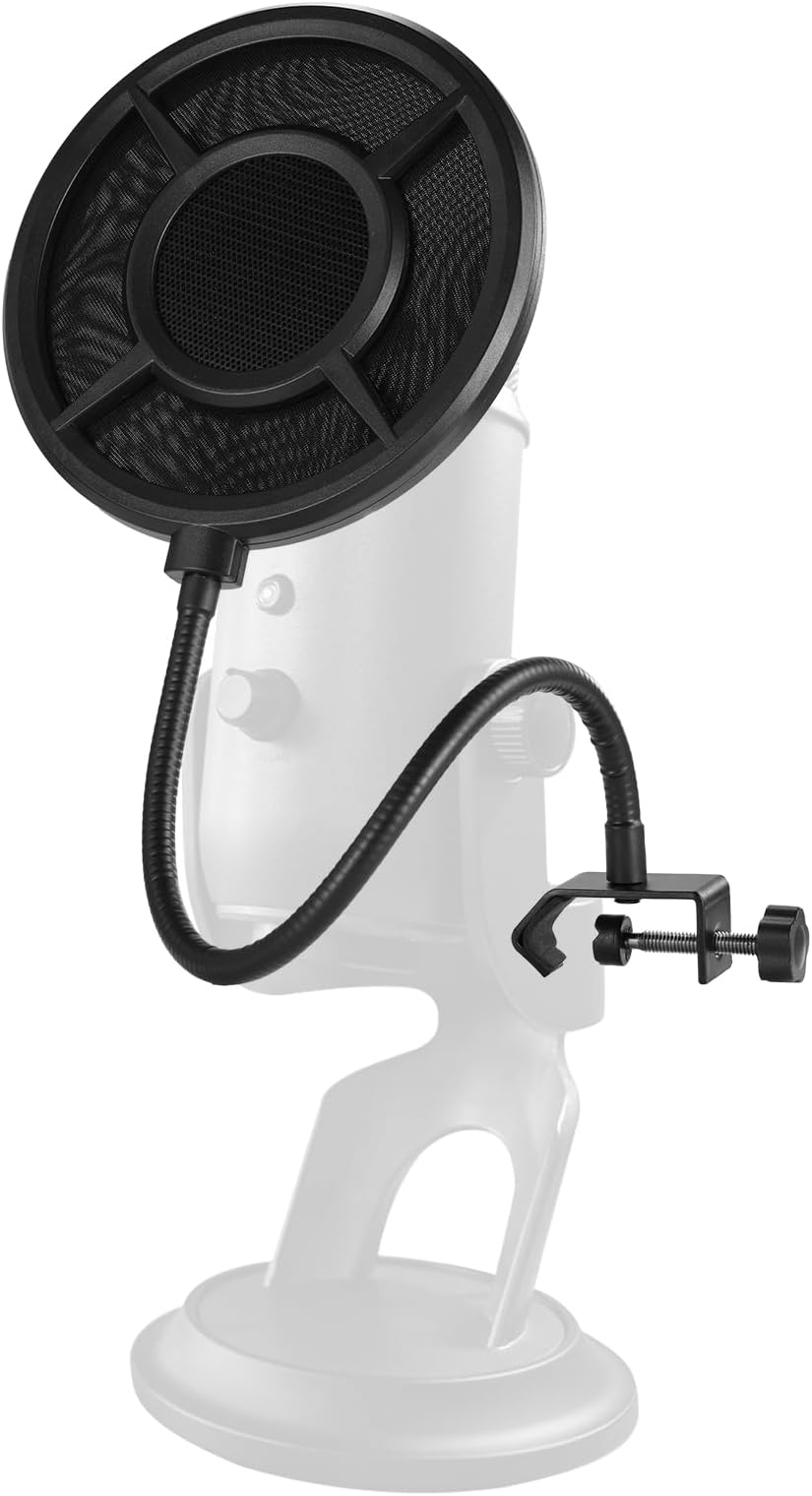 Metal Pop Filter for Microphone, Six Layer Professional Foam Mic Isolation Shield Windscreen Cover with Flexible Arm for Podcast Live Streaming Voice Over Singing Studio Music Recording, MS044