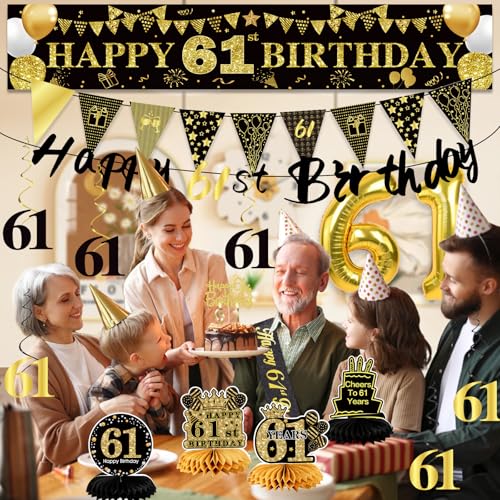Image of 61st Birthday Decorations for Men, Black Gold 61st Party Decoration Kits | 27pcs Happy 61st Birthday Set, Banner, Honeycomb, Balloons, Gold Number, Candle, Hanging Swirls, Cake Topper, Party Supplies