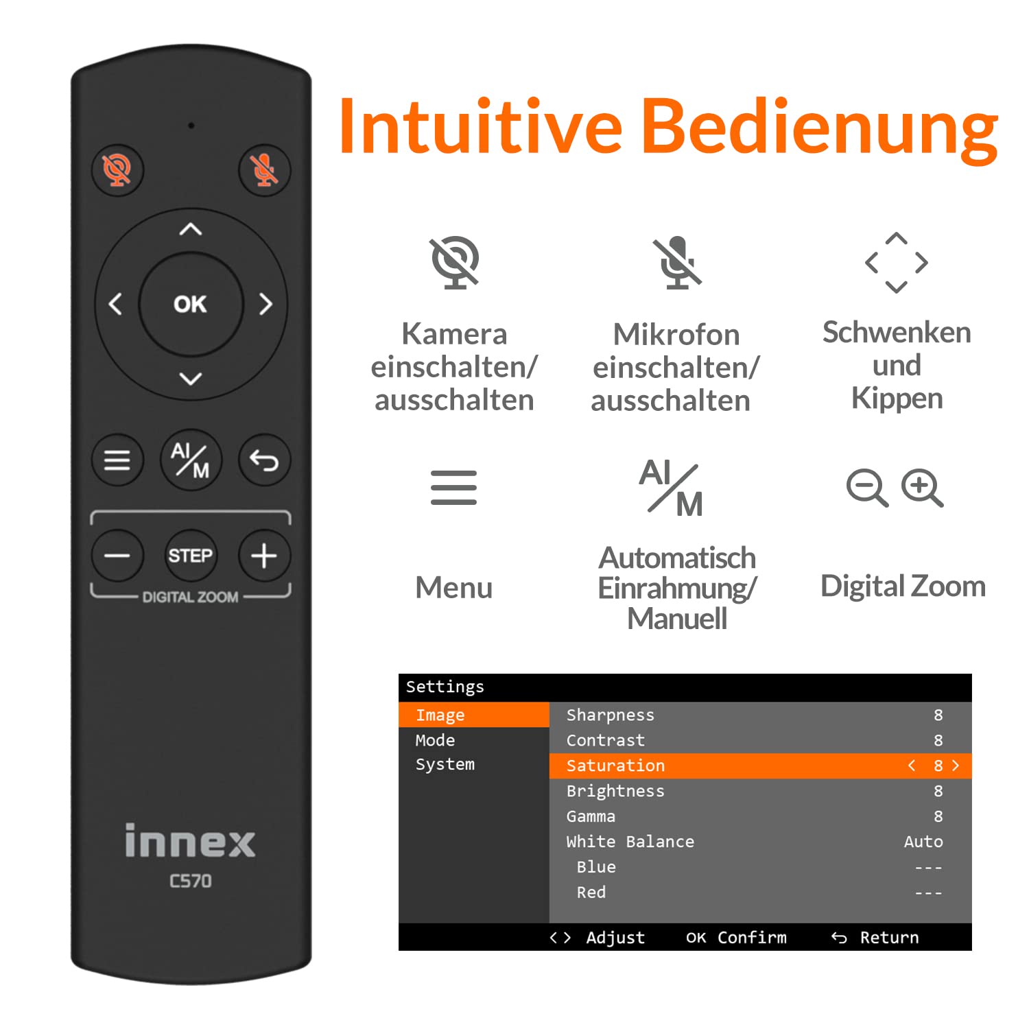 Innex C570 4K Webcam 120° Weitwinkel, KI-Tracking & Eptz | Webcam mit Mikrofon, ePTZ, 5X Digitalzoom, Fernbedienung, Privatsphäre, Konferenzkamera für Zoom & Microsoft Teams