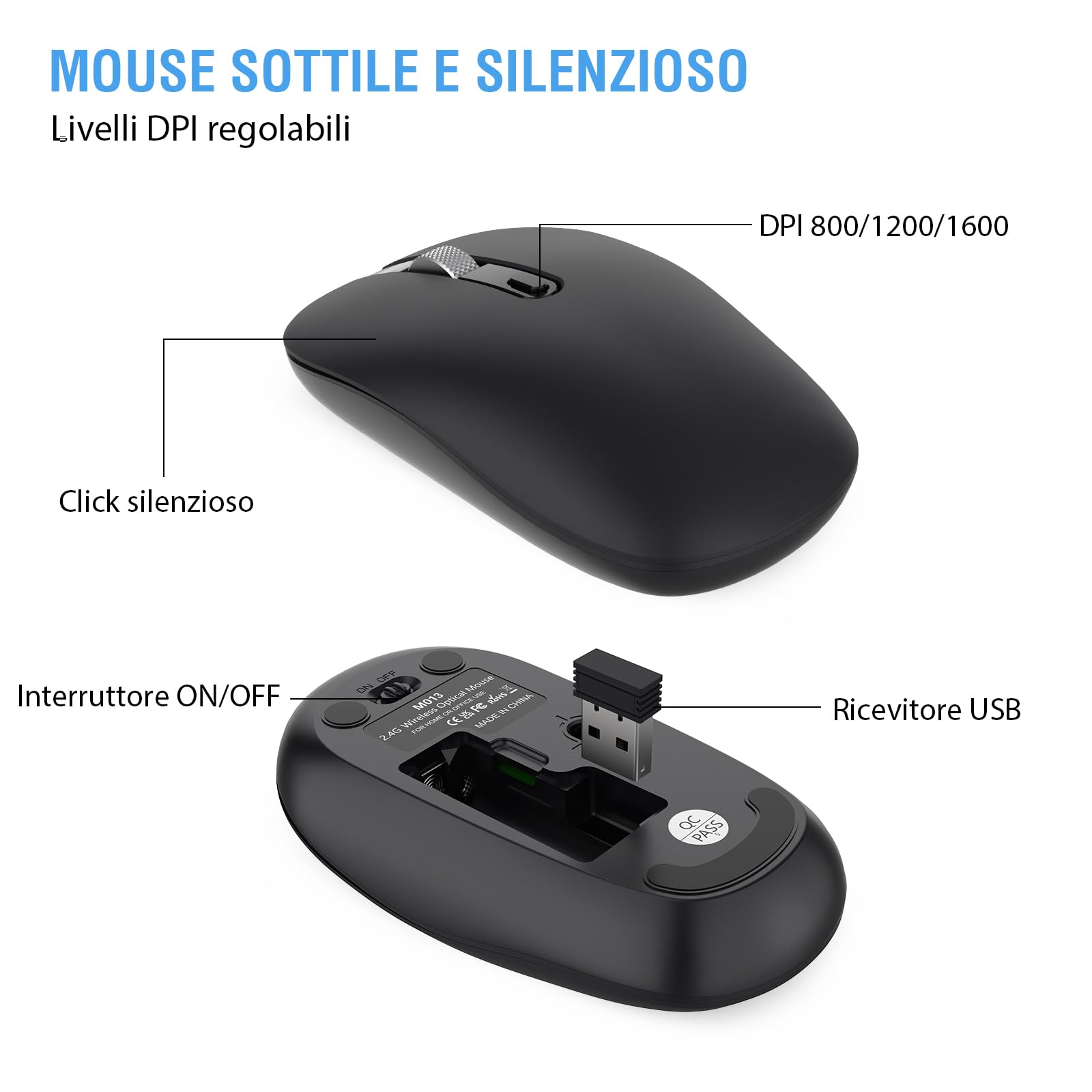 Tastiera e Mouse Wireless, Layout Italiano QWERTY, cimetech Tastiera Ultra-Sottile ‎Ergonomico Full-Size 2.4Ghz Wireless Mouse Tastiera Numerico con Ricevitore Nano per PC/Laptop/Win7/Win8/Win10-Nero