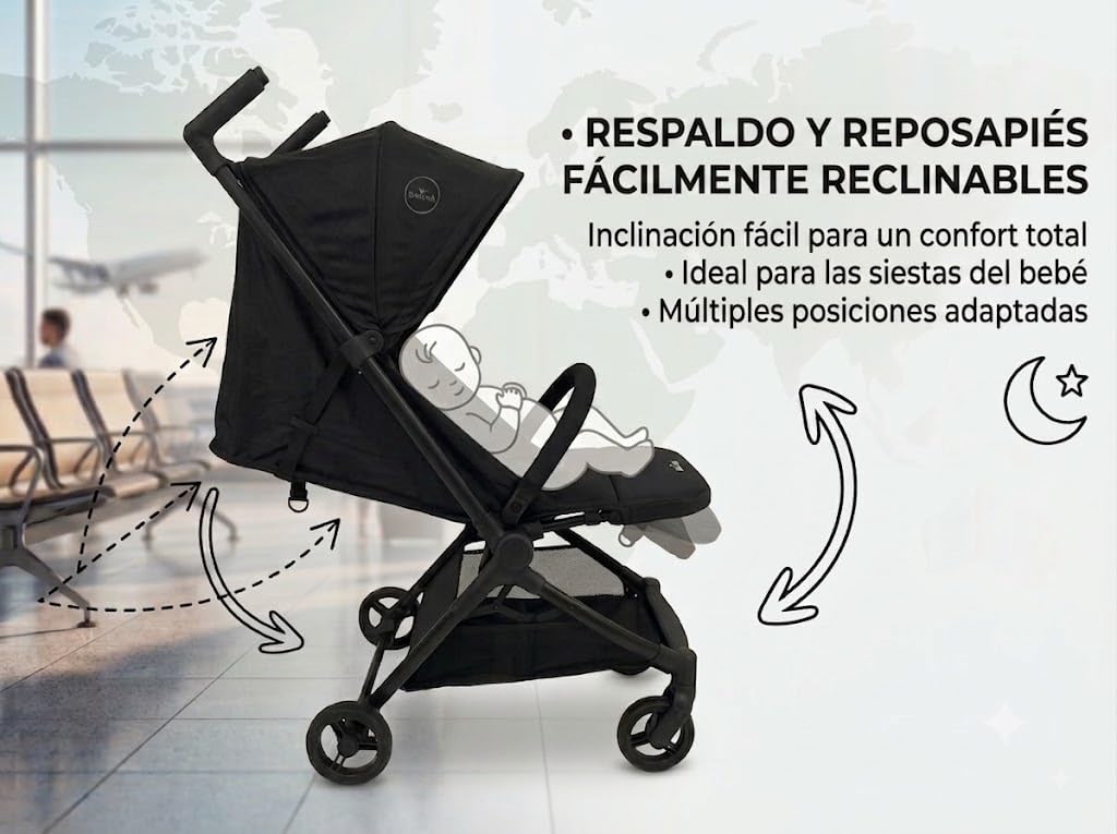 Nania, Cochecito Ultra-compacto, Babyjet (0 a 15 kg) homologado cabina avión, ligero 4,5 kg, respaldo reclinable, parasol ajustable, bolsa de transporte incluida
