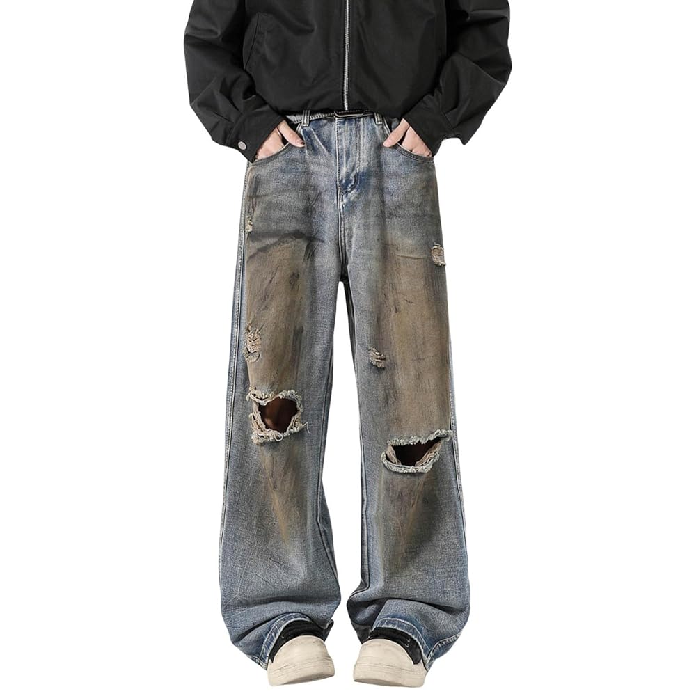 Ripped Jeans Men Loose Fit Stretch Wide Leg Trousers High