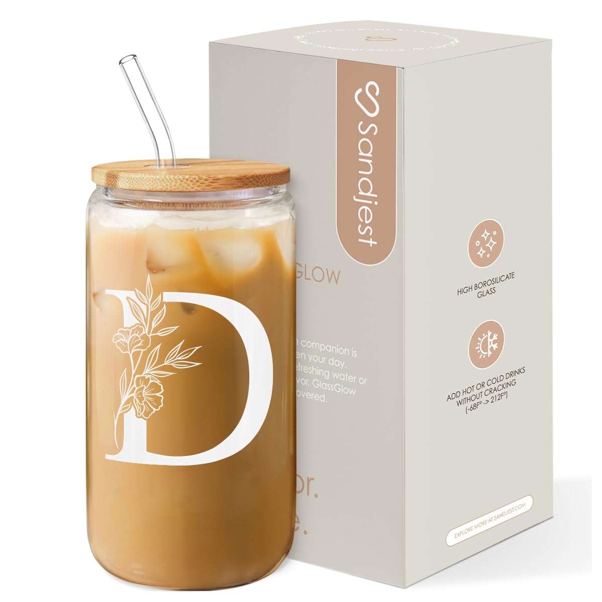 SANDJEST Monogrammed Gifts for Women - Monogram D Initial Glass Cup 16 Oz Can Coffee Cups with Lid and Straw - Monogram Initials Gifts for Womens on