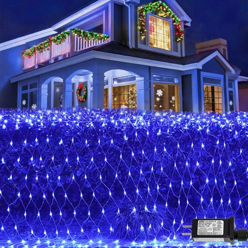 QITONG Net Lights Outdoor Mesh Lights 12ft x 5ft 360 LED Blue Christmas Light with 8 Modes Connectable Clear Wire Bush Light Plug in