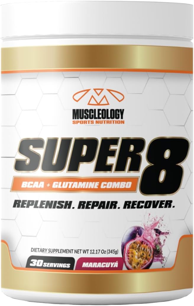 MUSCLEOLOGYSuper 8 High Performance BCAA, Electrolyte & Glutamine Blend Formula - Post-Workout Recovery and Muscle Building Supplement, 30 Serving (Maracuya)