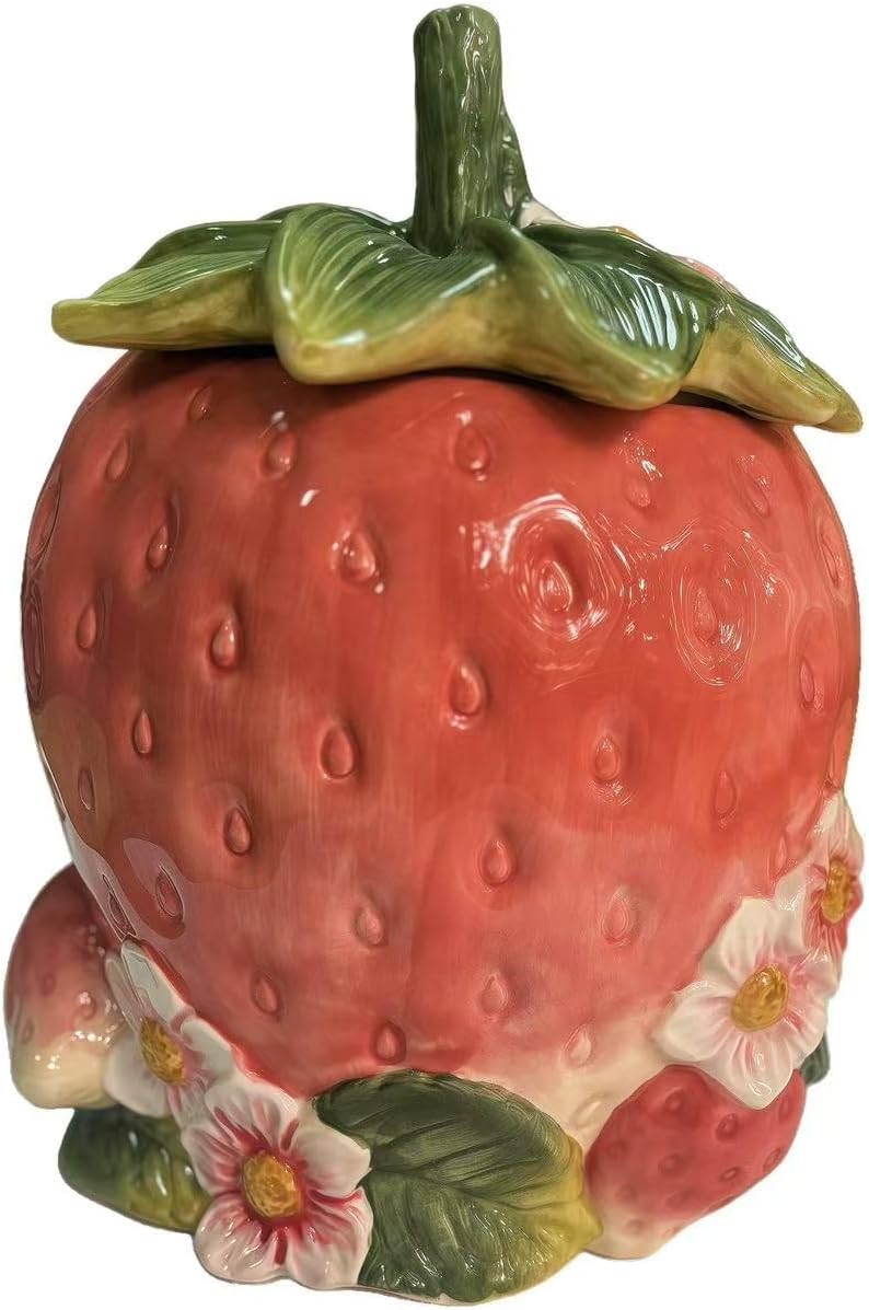 Ceramic Strawberry Shaped Cookie Jar with Floral Design, 9.6" Height, Large (Pink/Green/White)