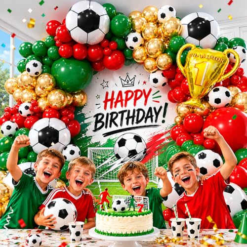 Image of Soccer Party Decorations 160Pcs, World Soccer Balloon Garland Arch Kit with 18'' Football Foil Balloons, Green and Red Football Print Balloons for Boys Sports Fan Birthday Soccer Party Decor