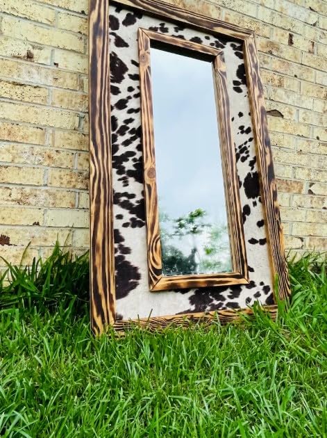 Framed Cowhide Mirror - Farmhouse Western Decor - Cow Print Wall Decor, Mirror Farmhouse