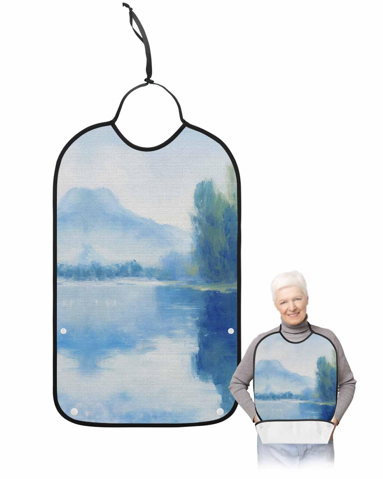 Onekaccu Mauntain Blue Adult Bibs for Elderly Women Men Washable Bibs for Eating, Abstract Natural Watercolor Oriental Landscape Waterproof Clothing Protectors Adult Bibs with Crumb Catcher