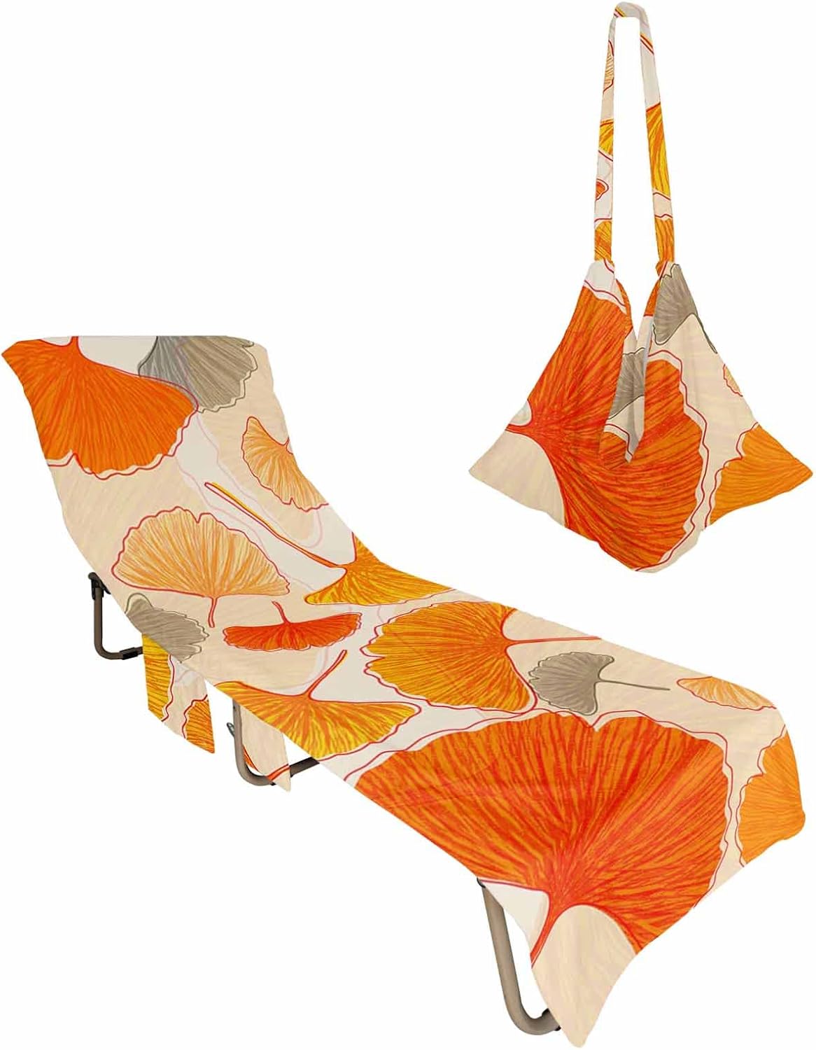 Fall Leaves Beach Pool Patio Lounge Chaise Chair Cover Towel With Pockets,Absorbent & Quick Dry Microfiber Towel Cover Bag Summer Accessories for Sunbathing Retro Middle Century Orange Yellow Leaf