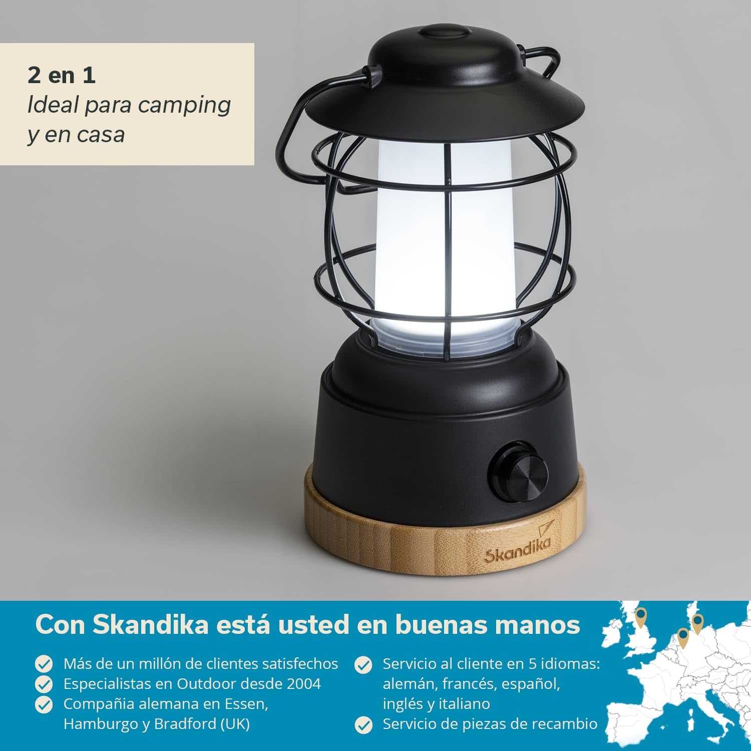 Skandika Lámpara LED Kiruna Jord | lámpara retro de camping para exteriores con power bank, regulable sin escalonamiento, sin cable, recargable, USB, estructura de acero, 200h de autonomía