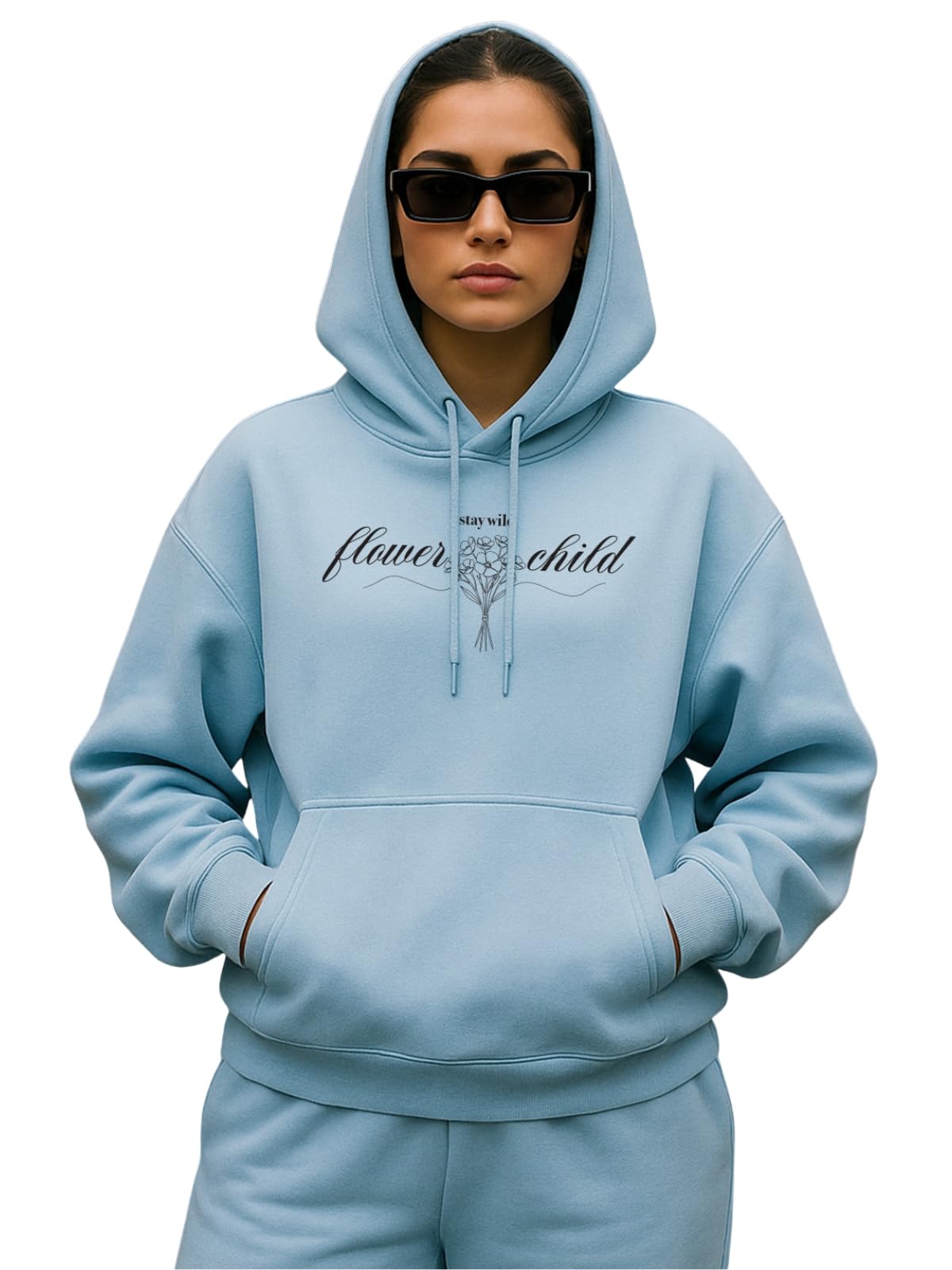 JUNEBERRY Bawełniana bluza z kapturem oversize, pikowane ramiona, długie rękawy, nadruk graficzny z przodu, damski sweter z kapturem S do 3XL