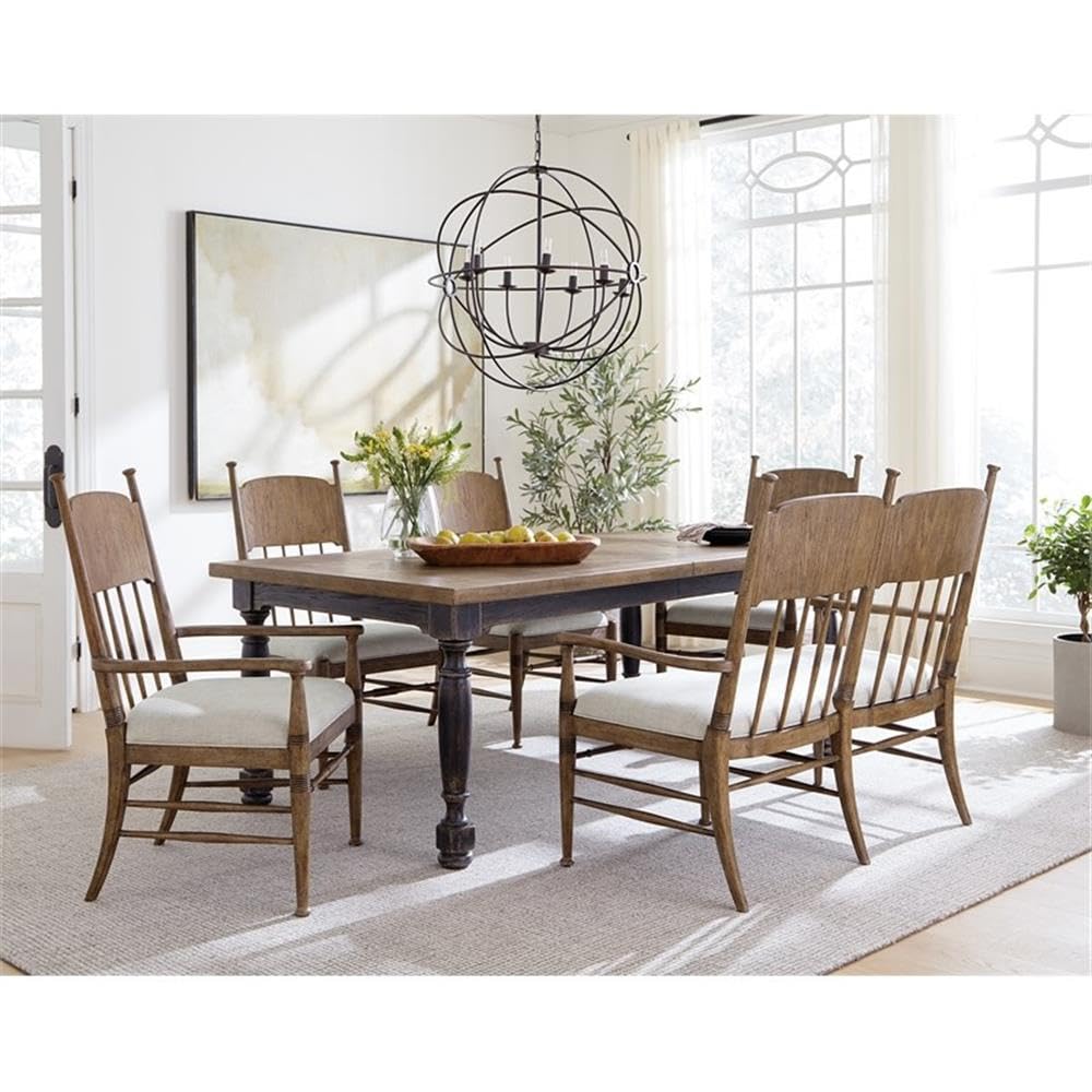 BOWERY HILL Modern Wood Dining Bench, Beige Fabric Seat with Welt Trim, Spindle Back Design, Honey Distressed Oak Finish, 50 in Width, Versatile Kitchen or Dining Room Seating.