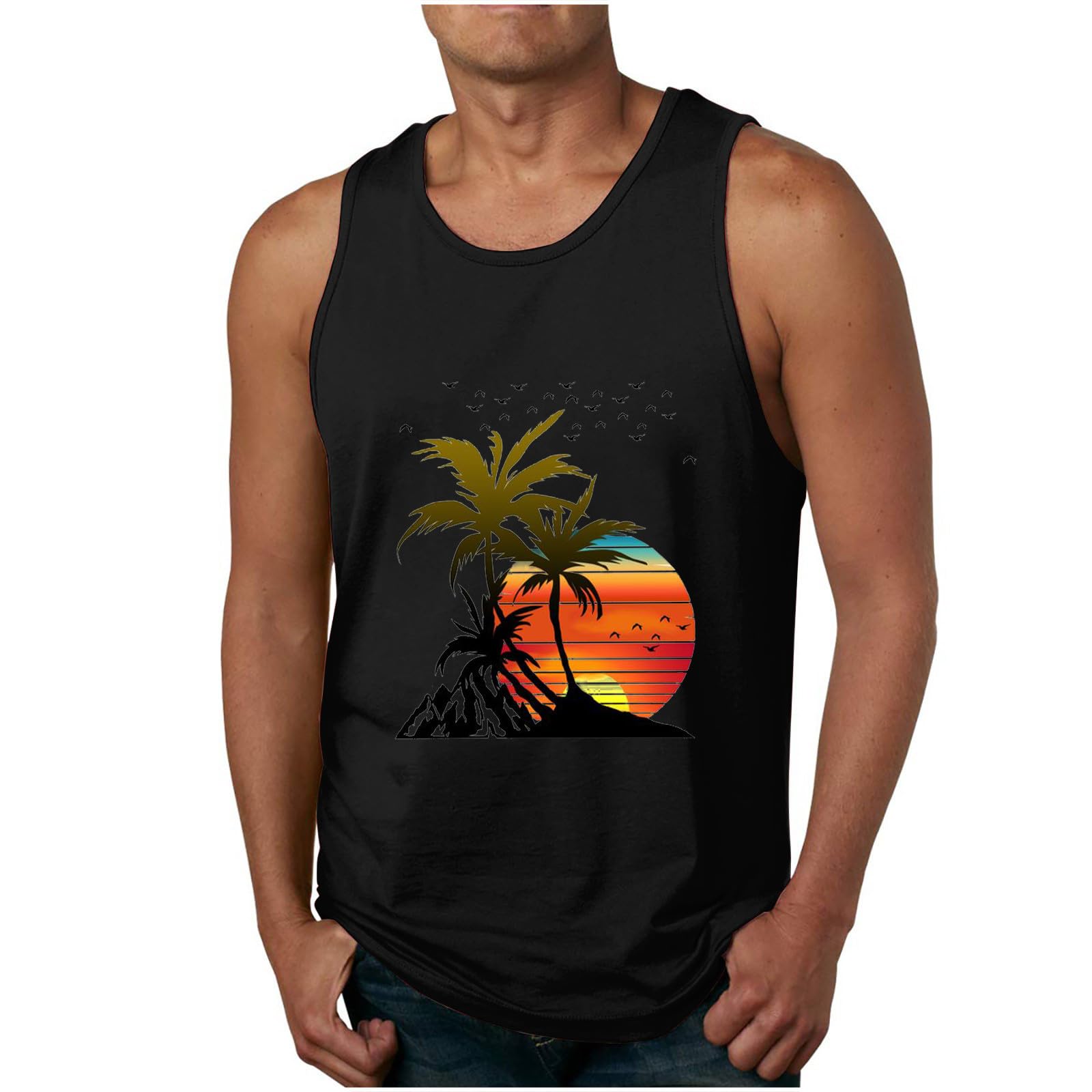luoluoluo Mens Summer Tank Tops UK Sale Sleeveless T Shirts Hawaiian Printed Vests Round Neck Muscle Shirt Beach Holiday Tanks Male Casual Loose Tees Running Top Lightweight Quick Drying Blouse