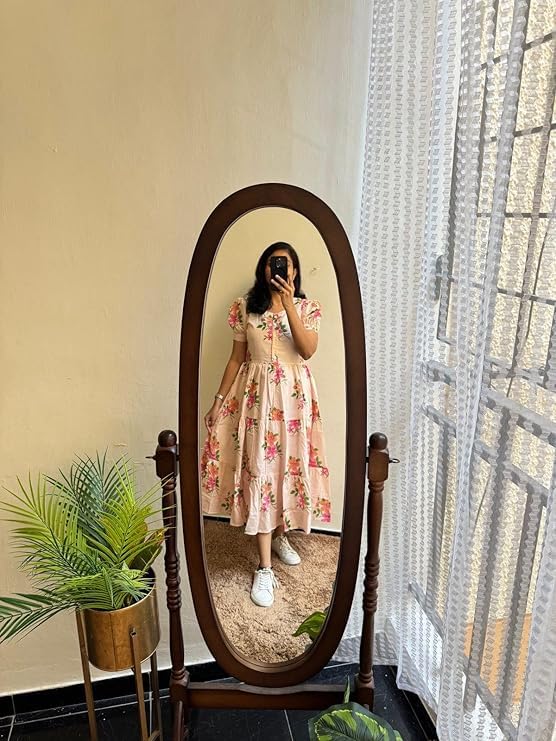 Image of MUSANIYAA Women's Rayon Floral Printed Midi Dress - Cotton A-Line Casual Dress with Short Puff Sleeves & Button Front