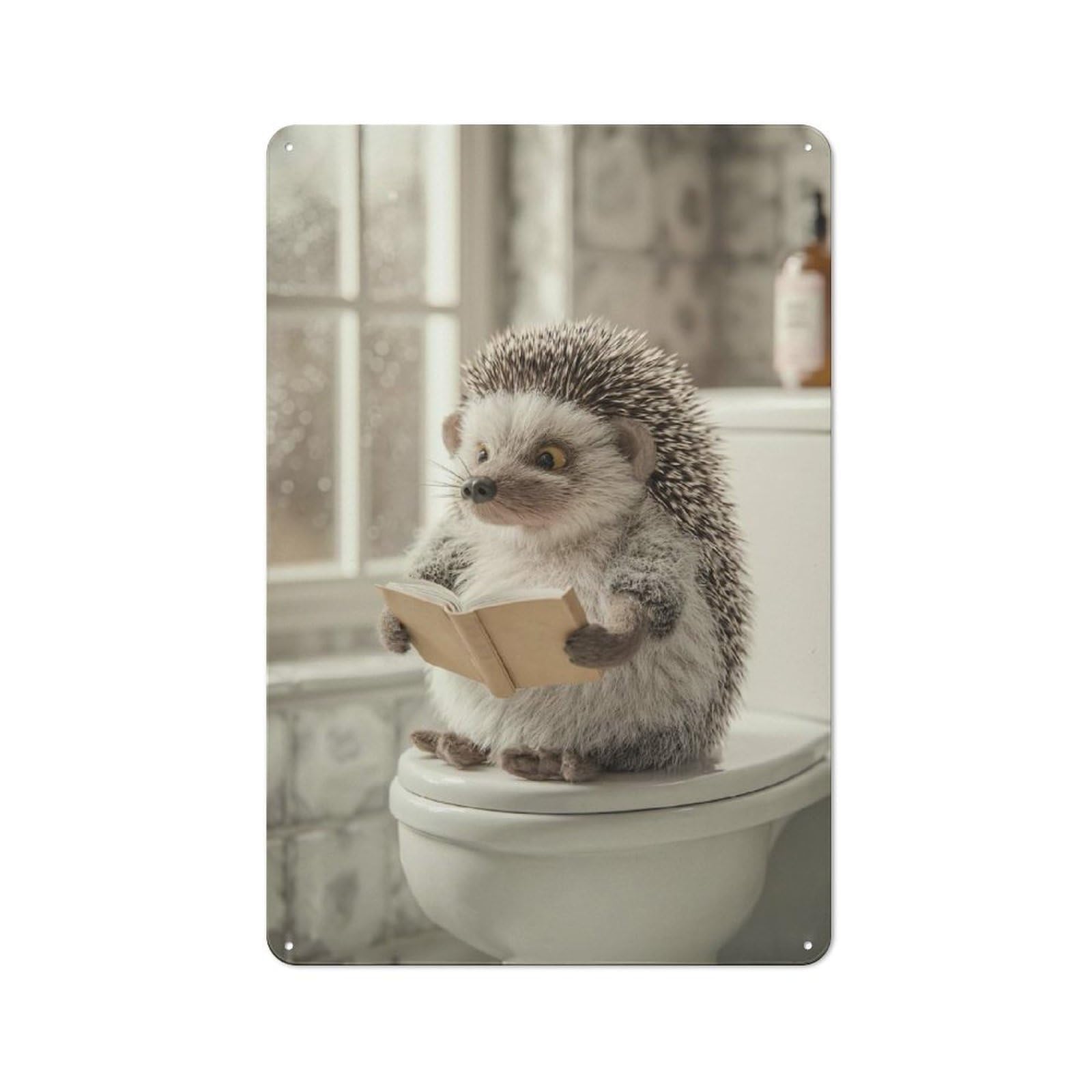 Junmoney Style-20 Retro Metal Plaque 30X20cm Featuring Hedgehog Reading A Book On A Toilet For Workshop Wall, For Metal Sign Collectors, For Garage And Workshop Walls