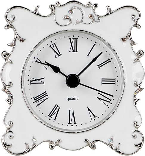 NIKKY HOME Pewter Pretty Small and Cute Vintage Table Clock with Quartz Analog Crystal Rhinestone 3 Inch for Living Room Bathroom Decoration, White Enamel