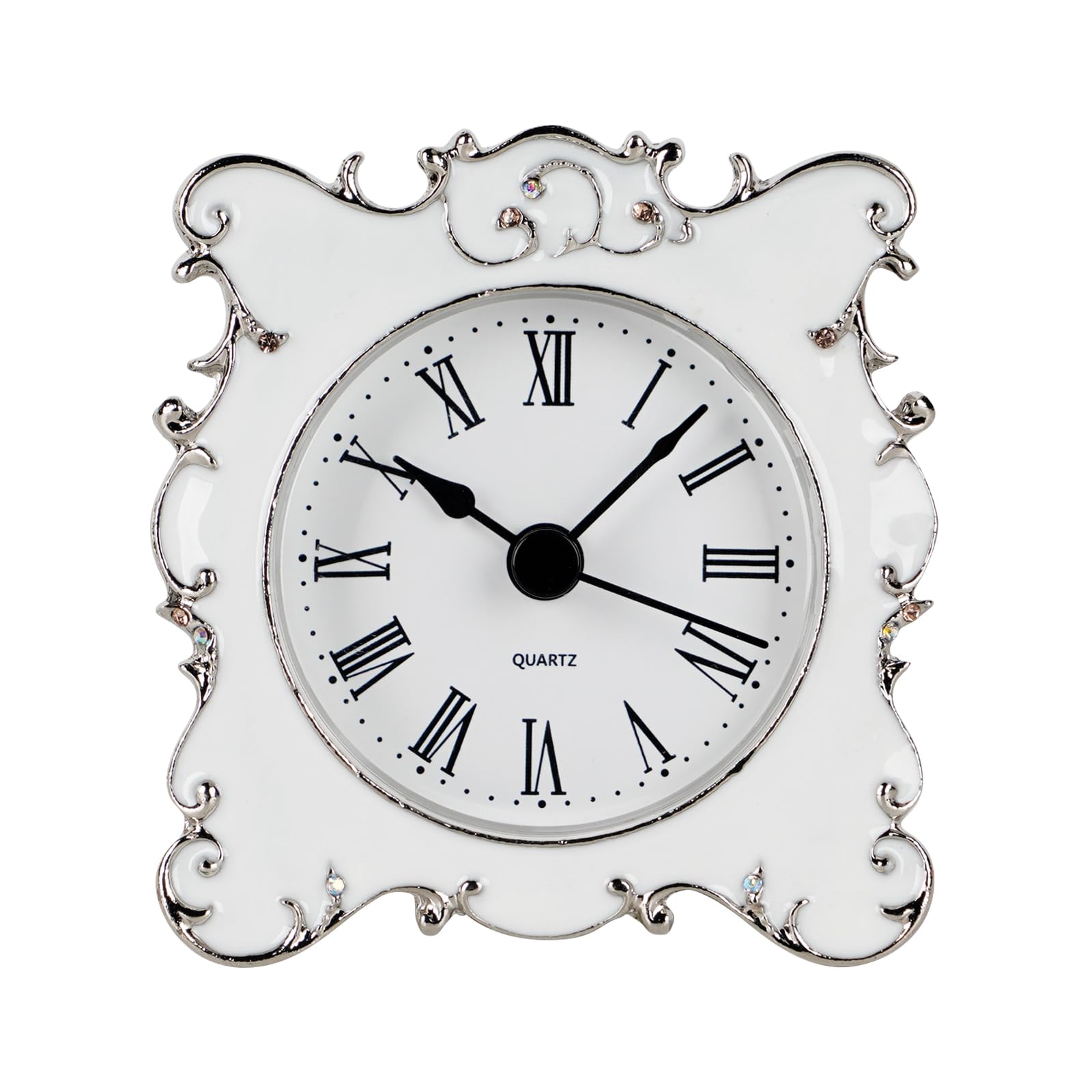 Pewter Pretty Small and Cute Vintage Table Clock with Quartz Analog Crystal Rhinestone 3 Inch for Living Room Bathroom Decoration, White Enamel