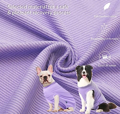 Image of Dog Recovery Suit Female Spay Surgery Small Puppy Onesie, Zipper Closure Cotton Striped Wounds Protect Surgical Suit, Plain Purple XS