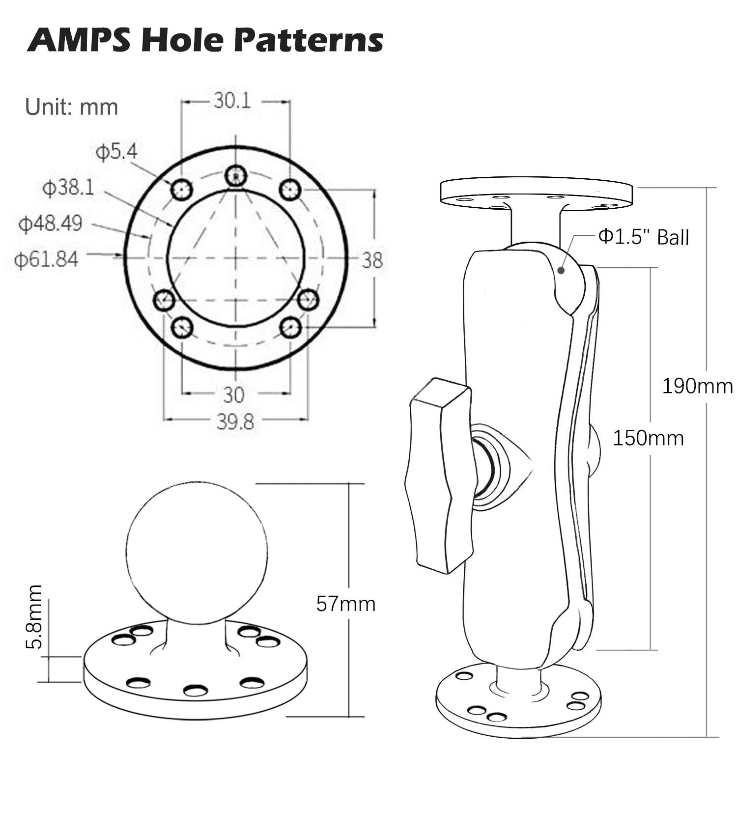 1,5 Zoll AMPS-Halterung, Doppelkugelhalterung mit 38mm/1,5''/C Größe Kugeladapter, Aluminiumguss, kompatibel mit RAM und mehr, geeignet für Repository, LKW, Gabelstapler, etc.