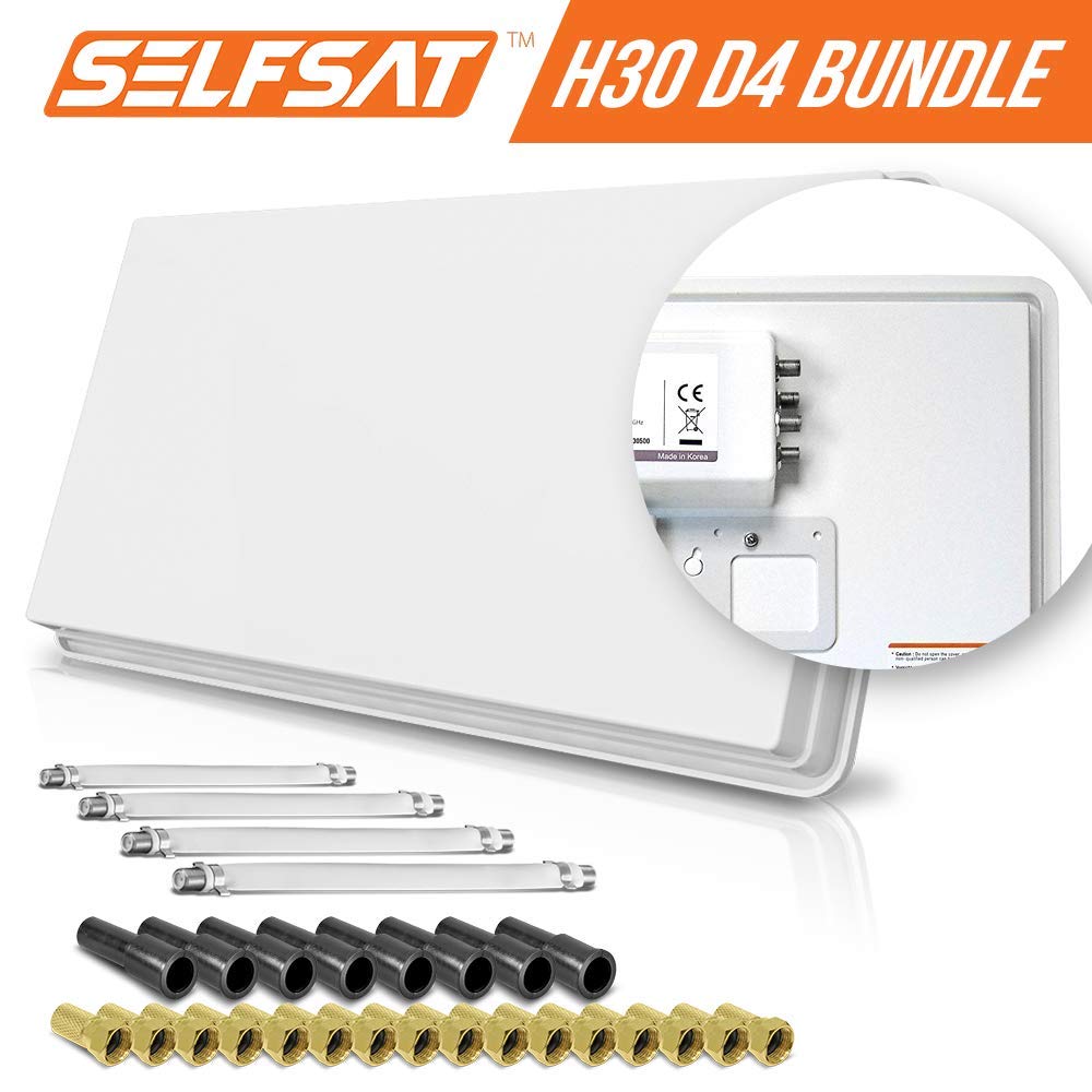 Selfsat H30D4+ 4 TV Teilnehmer SAT Flachantenne Flat + Fensterdurchführung Full HD