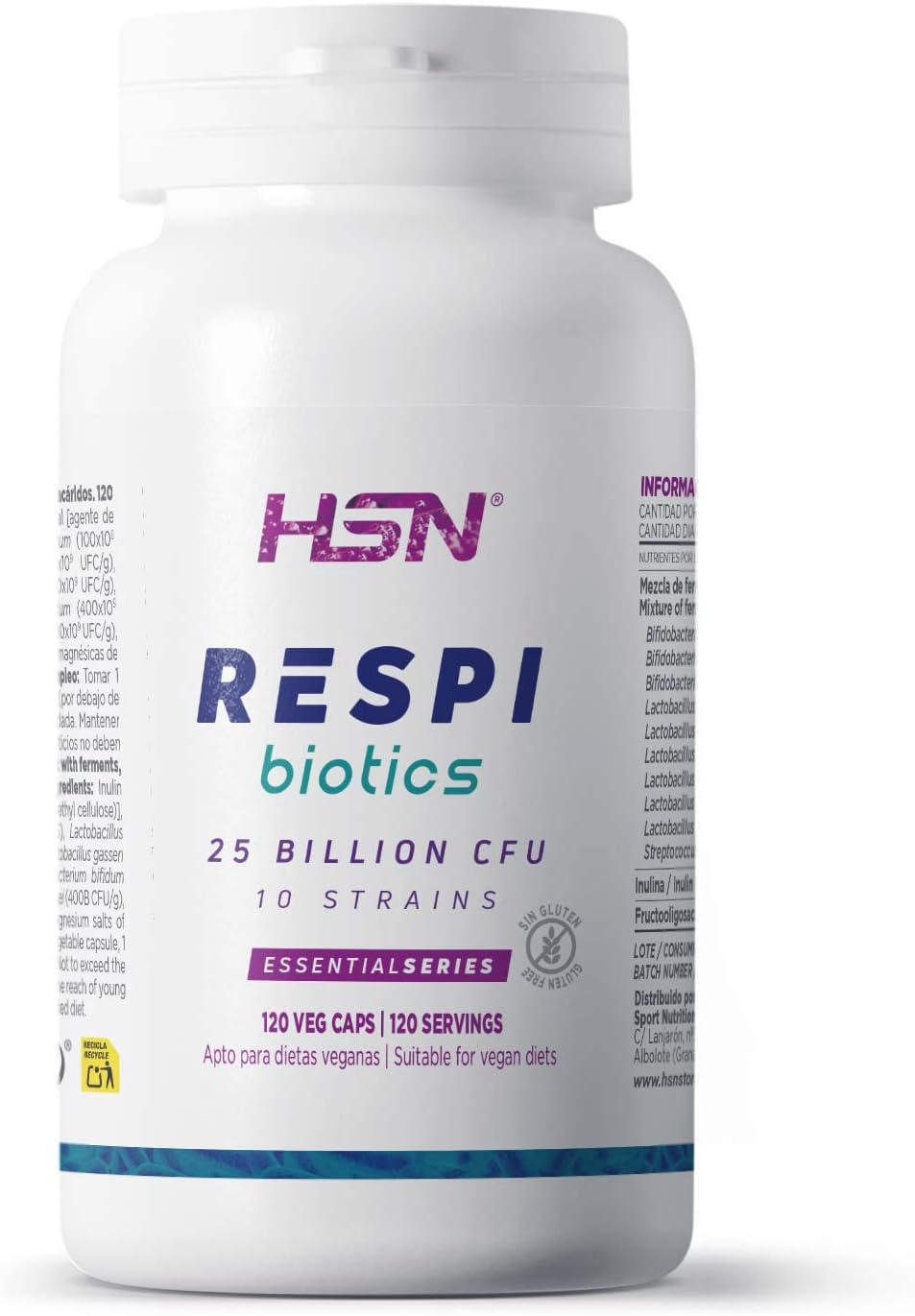 Probiótico Salud Respiratoria de HSN RESPI BIOTICS | 25 Billones UFC | Suministro 4 Meses | 11 Cepas Lactobacillus y Bifidobacterium + Inulina + FOS | Vegano, Sin Gluten, Sin Lactosa, 120 Veg Caps