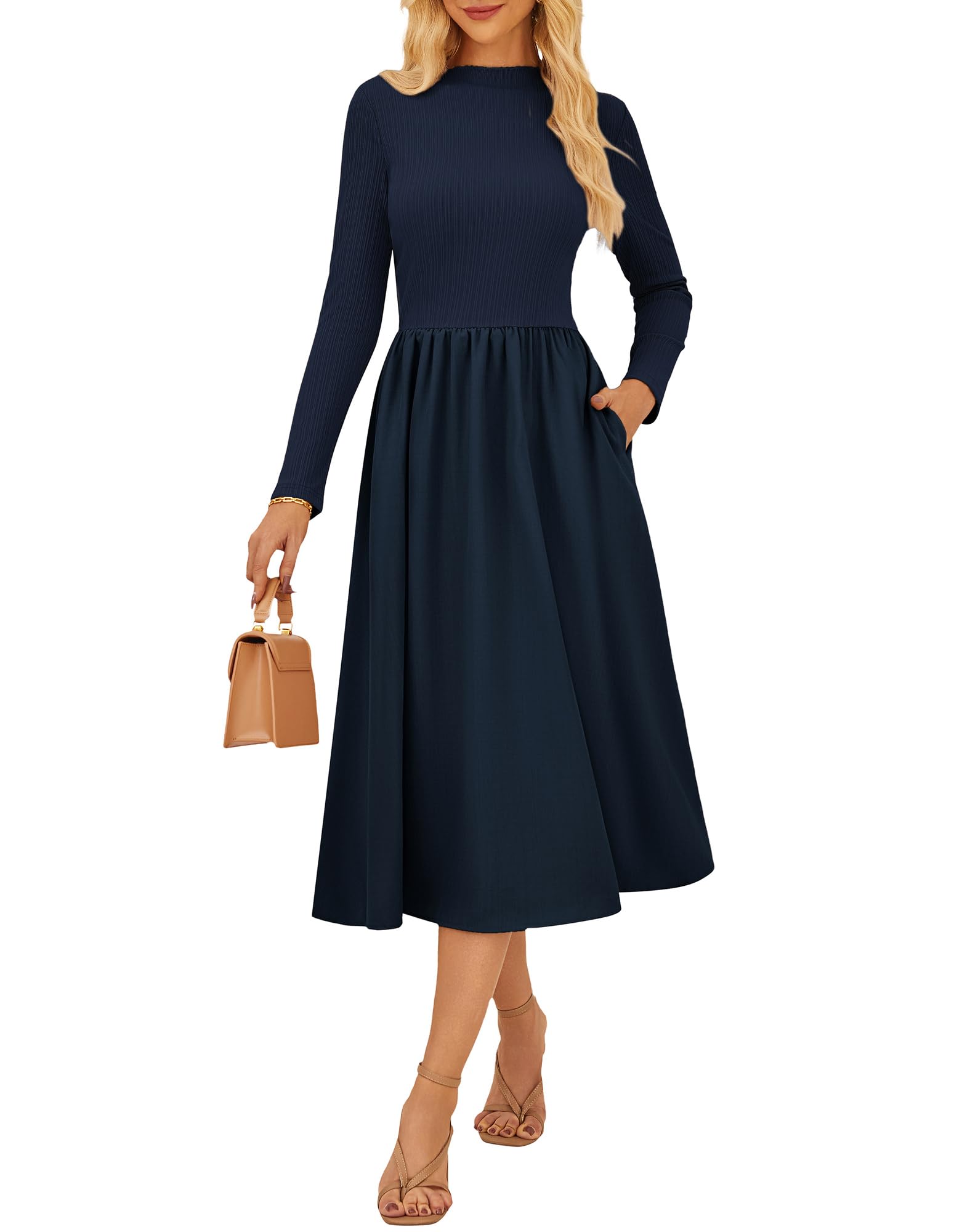 GRACE KARIN Damen Kleid Langarm Herbstkleid Lässiges Stehkragen Gestricktes Midikleid mit Taschen