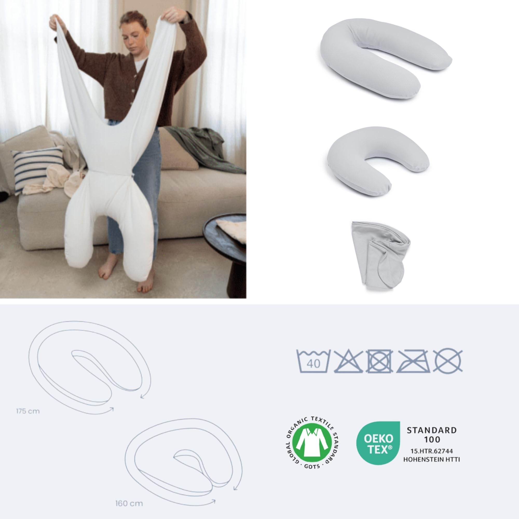 doomoo Coussin de Grossesse & d'allaitement 2 en 1 Twisty - Ultra Confort - Remplissage Microbilles Ultra-Fines - Silencieux - Made in Europe - Certifié Oeko-TEX et Bio, Pearl Grey