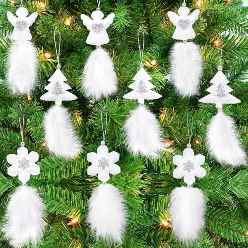 Viosmut Piume Bianche Decorazioni Natalizie, 9 Pezzi Pendenti per Albero di Natale a Forma di Angelo e Fiocco di Neve, per Natale, Matrimoni, Feste a Tema, per Creare una Scena Natalizia Fai Da Te