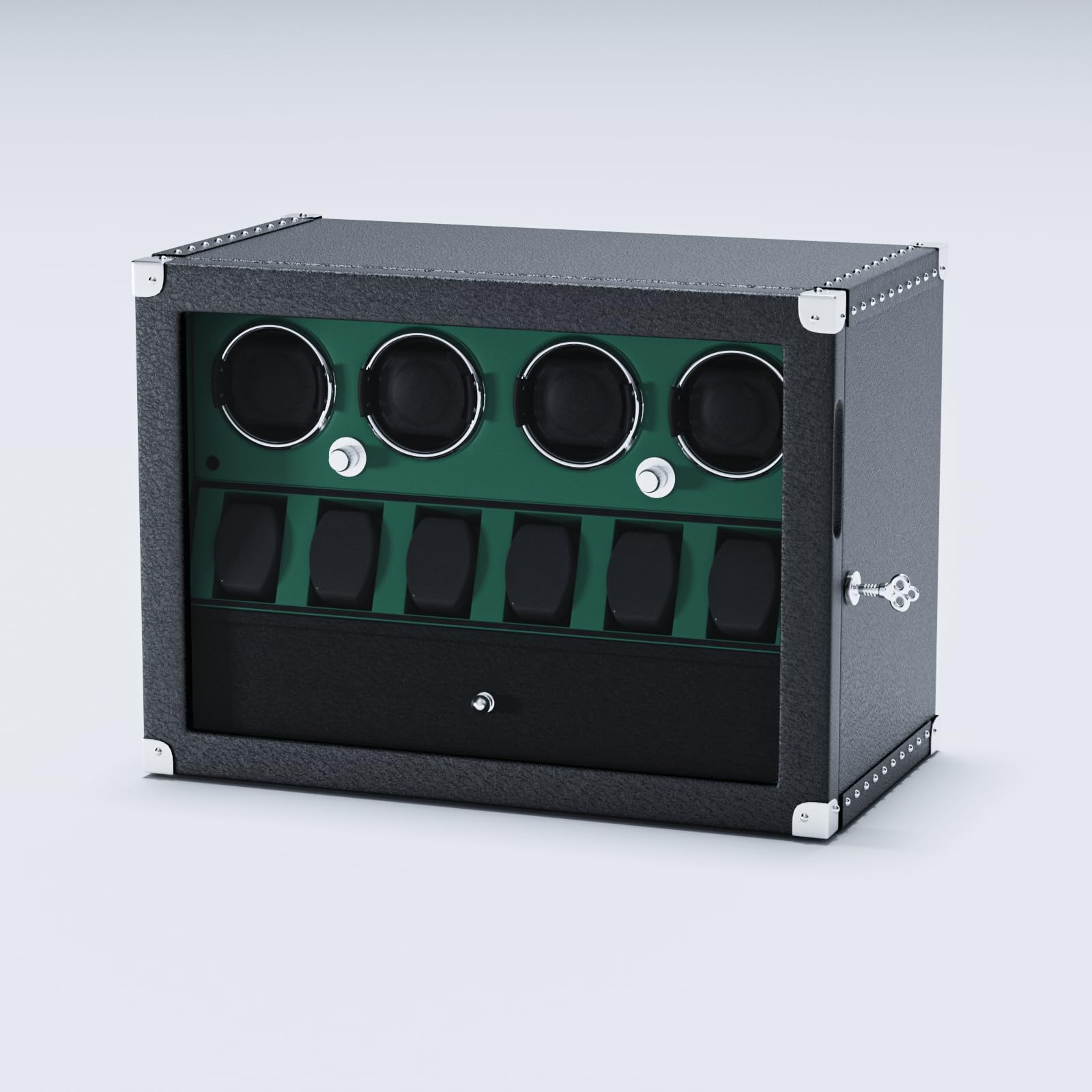 DUKWIN Uhrenbeweger für 4 Automatikuhren Abschließbare Uhrenbeweger Super Leiser Motor mit Hochglanz-Klavierlack-Finish Eingebaute Beleuchtung Mikrofaser-Leder Grün