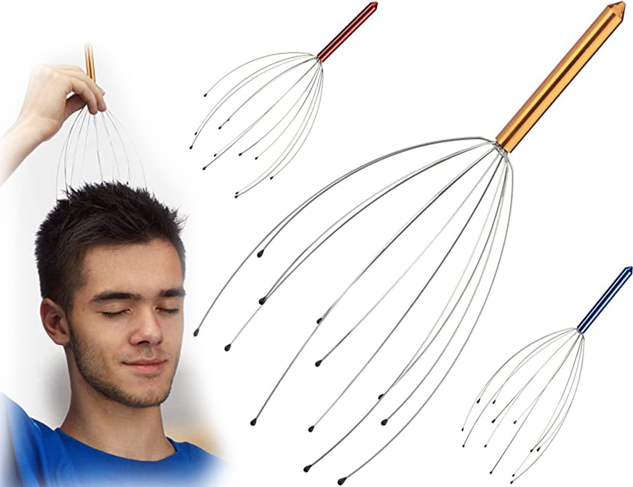 Scalp Massager, DELFINO Handheld Head Massager Stress Reliever Tool Set for Scalp Stimulation and Relaxation (Blue +Red+Gold) - 2 Pack
