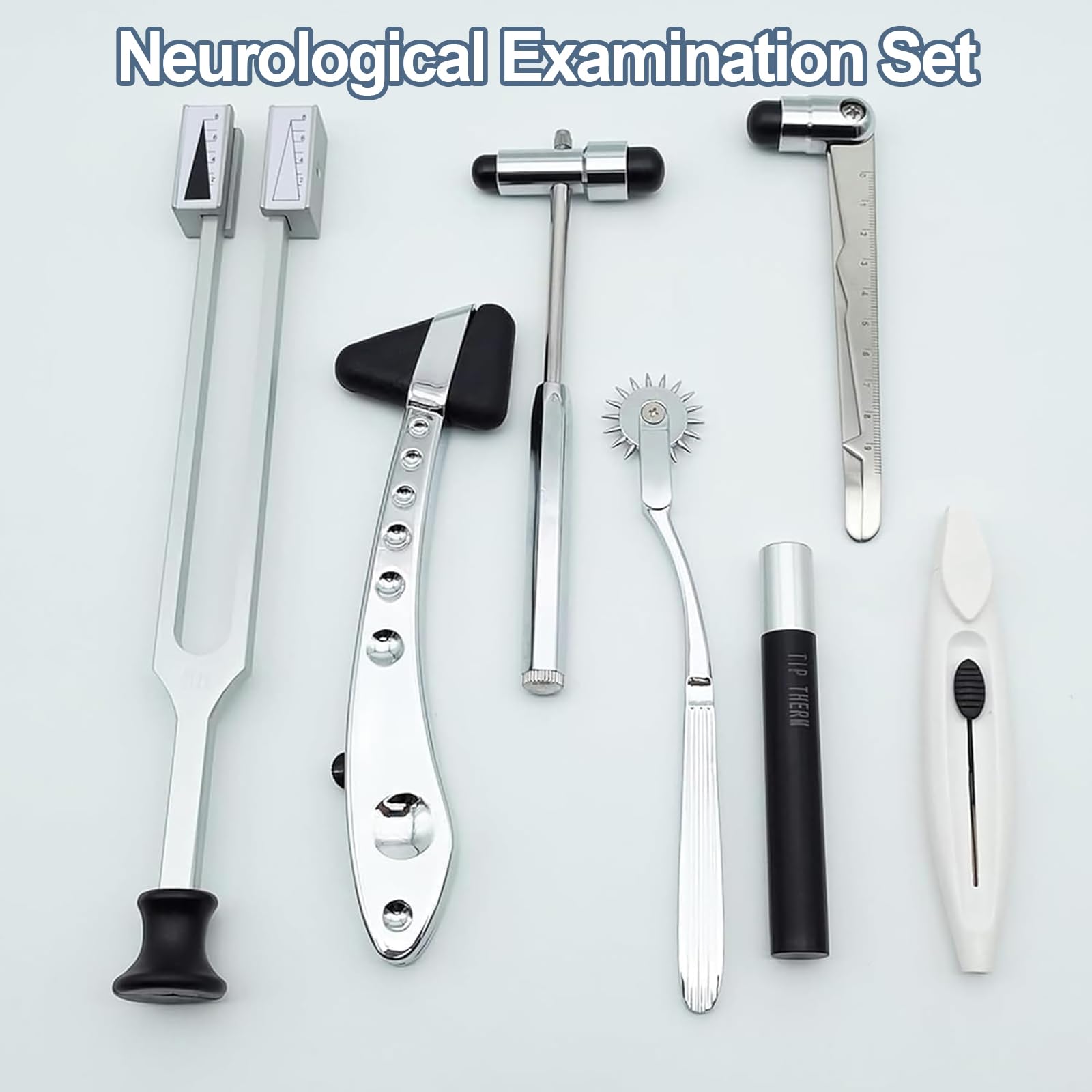 Kit d'examen neurologique 7 pièces, kit de diagnostic avec boîtier en aluminium, poignées ergonomiques pour Pinprick Touch Pression Température Vibration Reflex Test