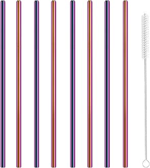 Stainless Steel Straws Metal Reusable Drinking Straw for Juice Iced Coffee Cold Beverage Water Highball Glasses 20oz Tumblers Mugs Cups, 0.24" 6mm Wide 215mm Long, Set of 8 with Brush, Colorful