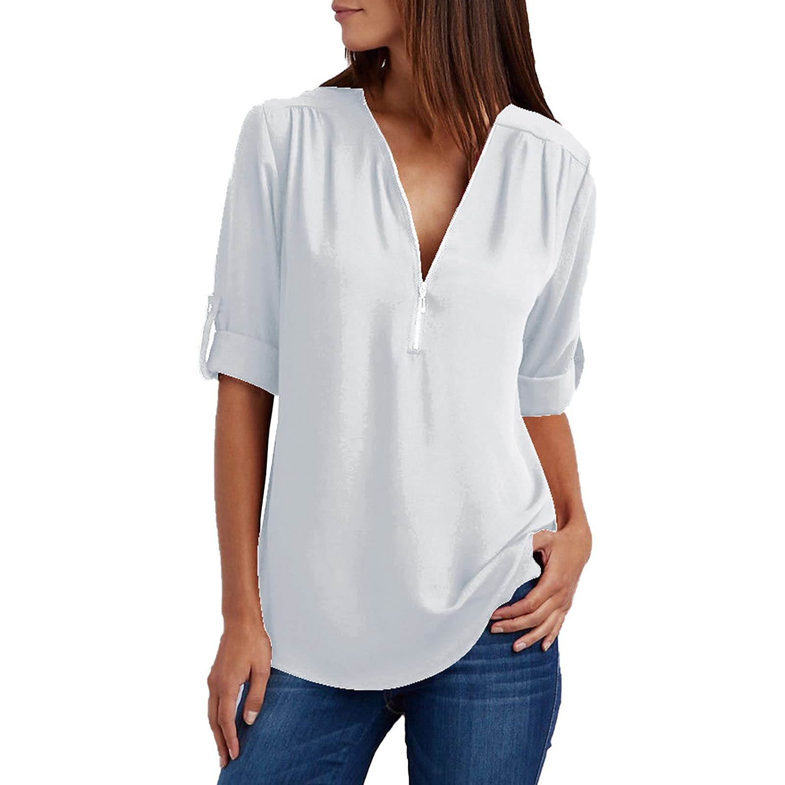 Womens Summer Shirts Zip Casual Tunic V Neck Rollable Blouse | Desertcart  Seychelles, image size:1600x1600