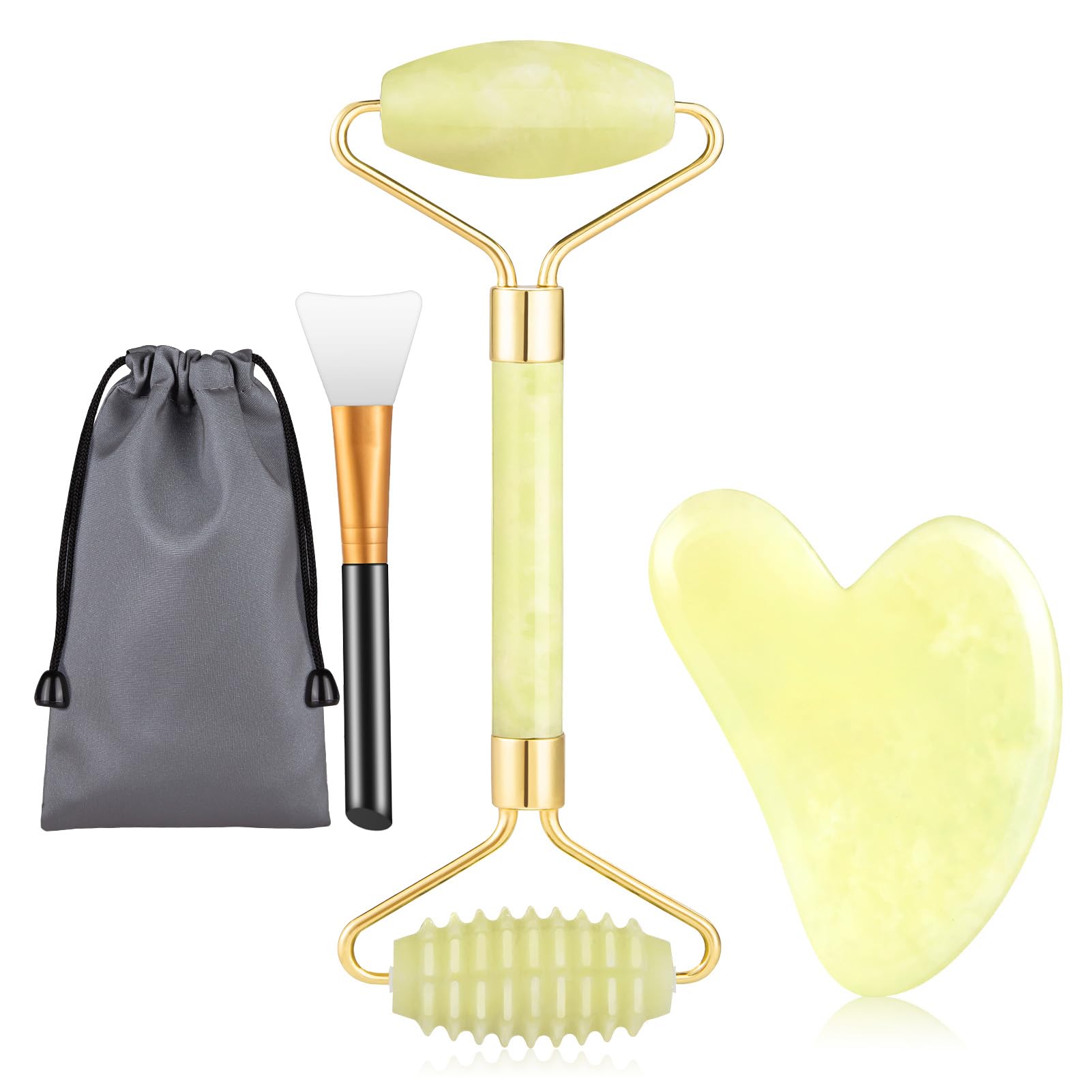 Rodillo de Jade Masajeador Facial, Gua Sha y Cepillo Mascarilla Facial, rodillo masaje, rodillo facial, natural real para regalo antienvejecimiento y rejuvenecimiento (amarillo)