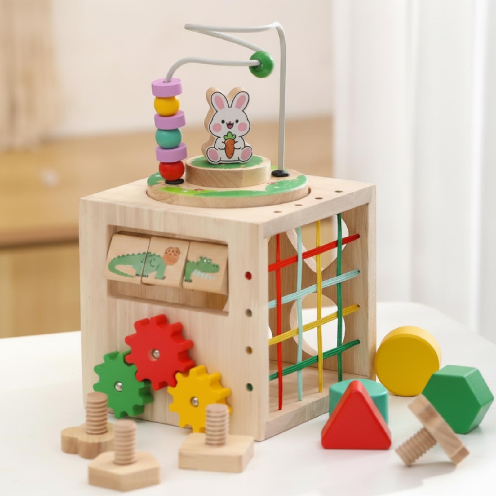 Lernspielzeug Holz Aktivitätswürfel Kinder Spielwürfel Motorikwürfel Perlenlabyrinth mit Stecktafeln Und Drehfunktionen Sichere Große Elemente für Vorschule Kinderzimmer Geschenk