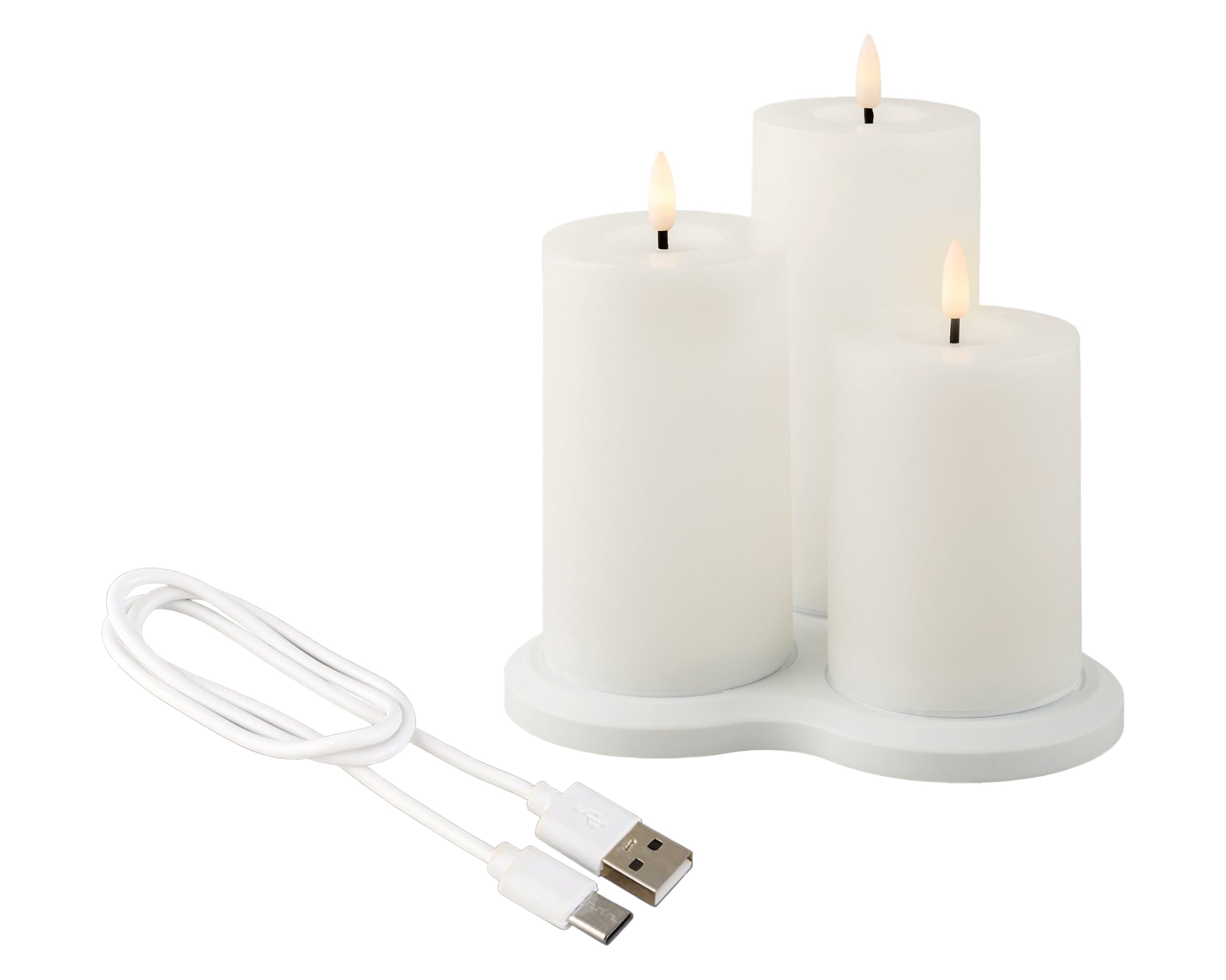 Lot de 3 bougies LED avec minuterie 12,5 à 17,5 cm - Bougies piliers électriques - Fonctionne avec piles et rechargeables via USB-C - Bougies de cire vacillantes - Bougies décoratives blanches / blanc