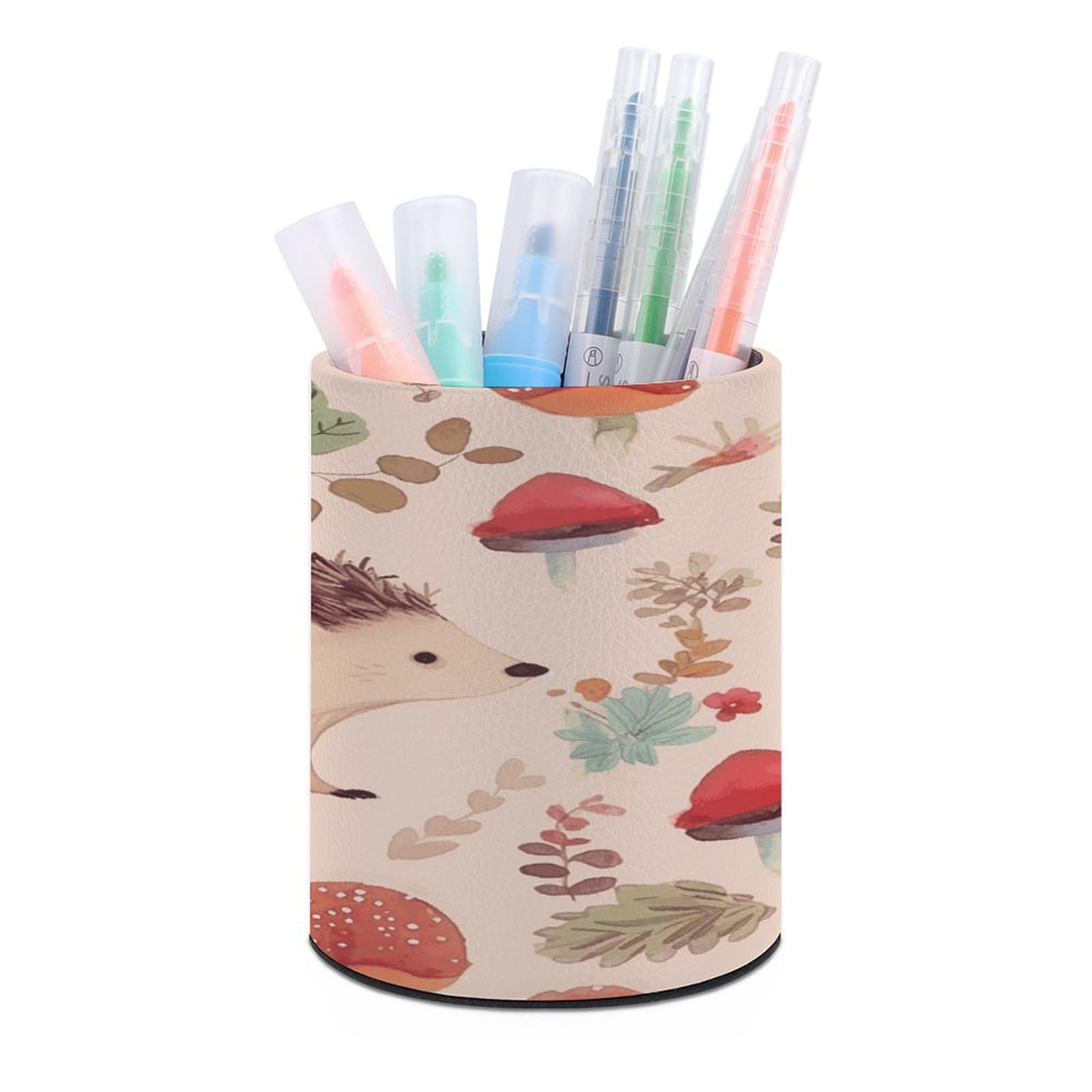 VstaDank Lovely Hedgehog Pen Holder Leather Pencil Cup Round Pencil Holder for Desk Organizer Personalized Pen Cup Fashion Pen Organizer Makeup Brush Holders for Office Home&Gift