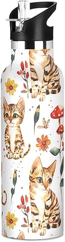 Insulated Water Bottle with Straw Cartoon Savannah Cats White Double Wall Vacuum Insulated Lightweight for Sport Gym Outdoor Travel School