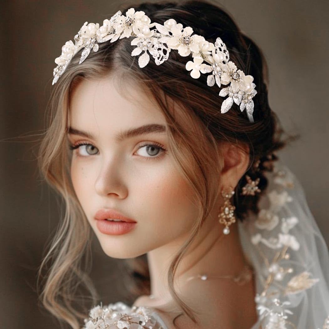 CASDRE Flower Wedding Headband Silver Pearl Bridal Headpiece Prom Leaf Hair Hoop Hair Accessories for Women and Brides (Silver, One Size) - Image 3