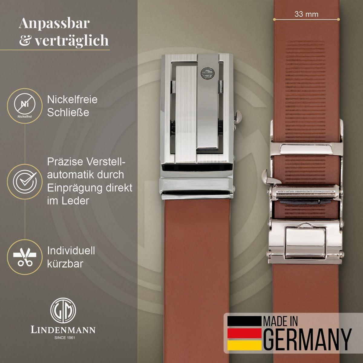 LINDENMANN Gürtel Herren – Cognac Rindsleder Automatikschließe